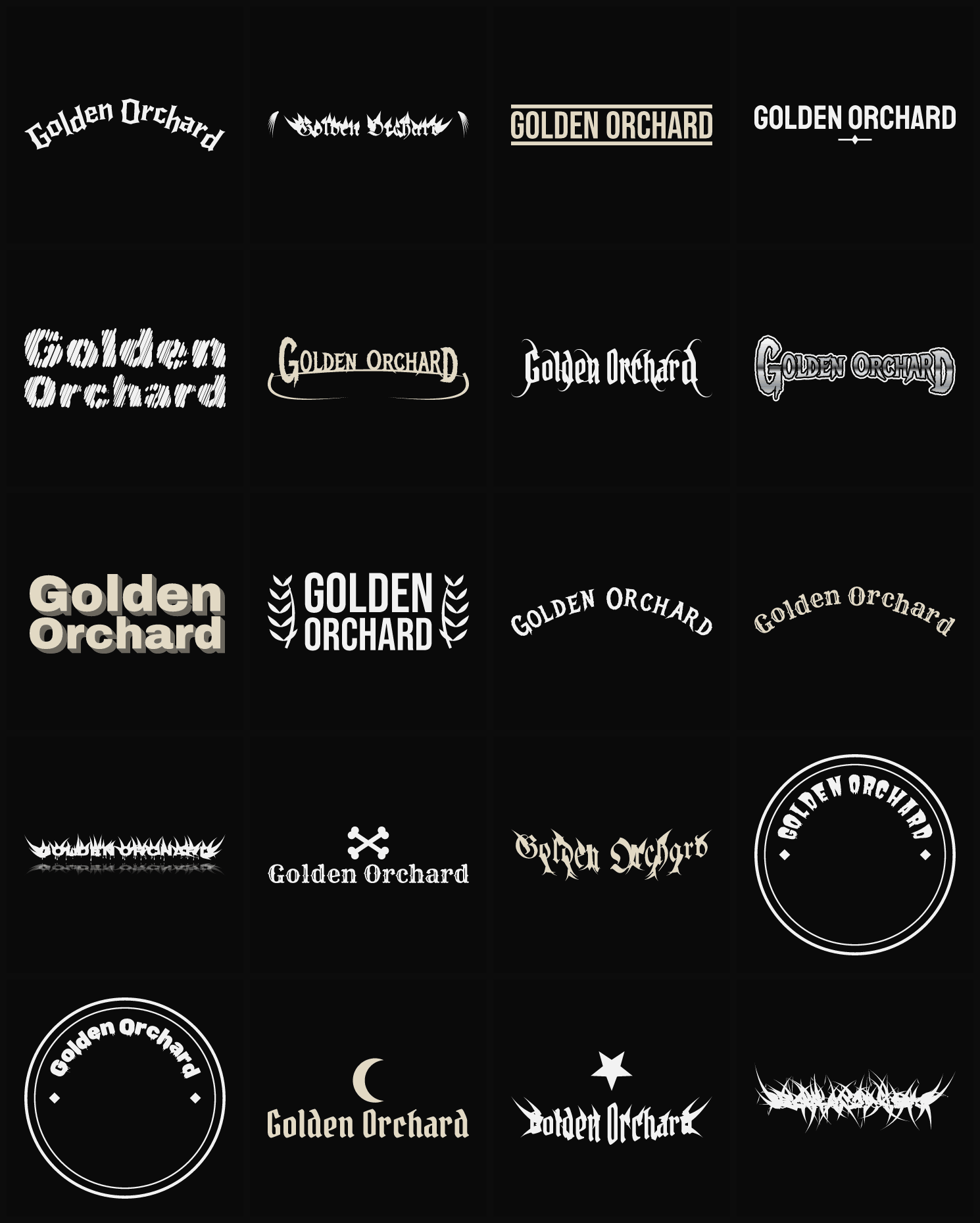 Twenty Golden Orchard band logo ideas — different faces, treatments and spike settings