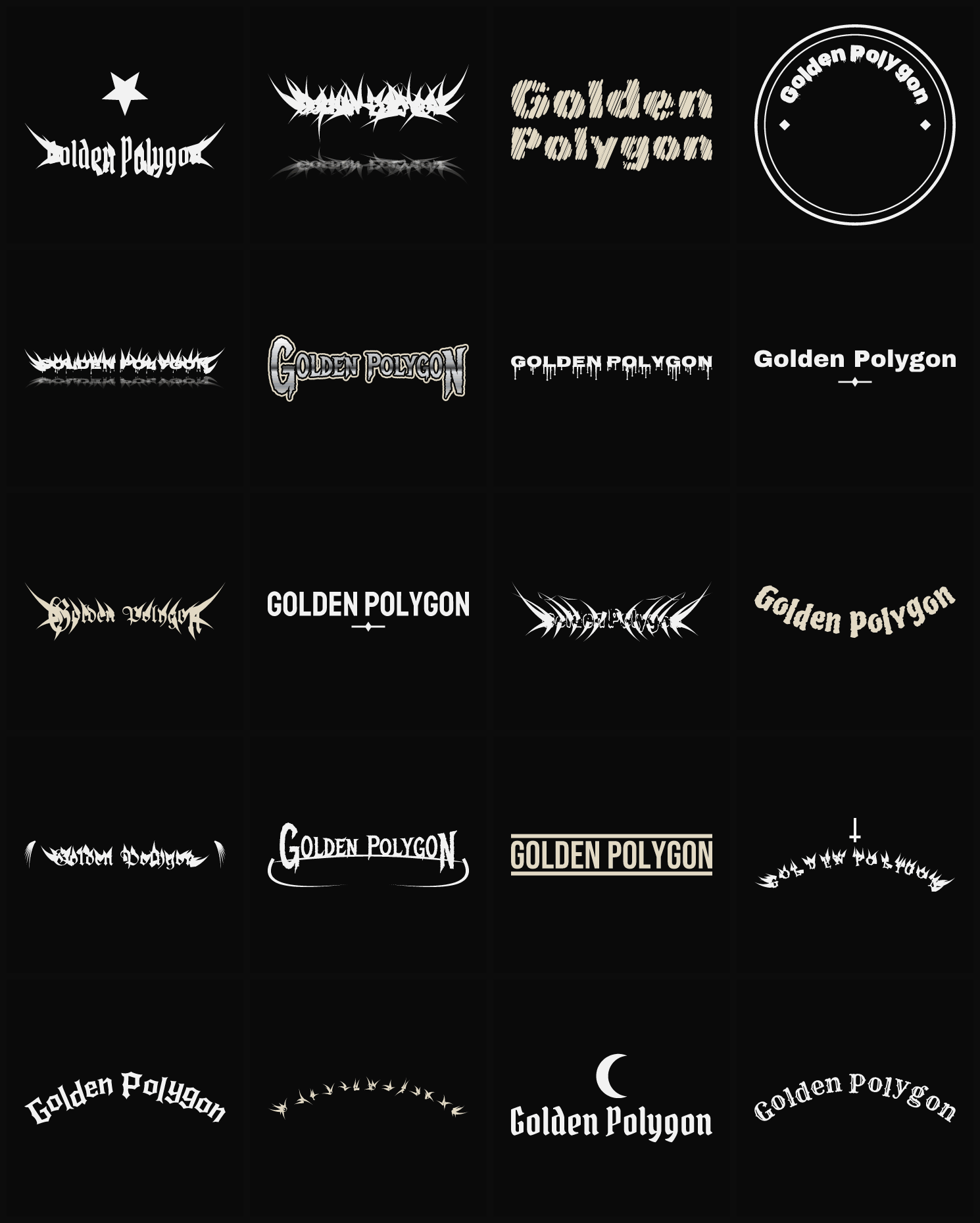 Twenty Golden Polygon band logo ideas — different faces, treatments and spike settings