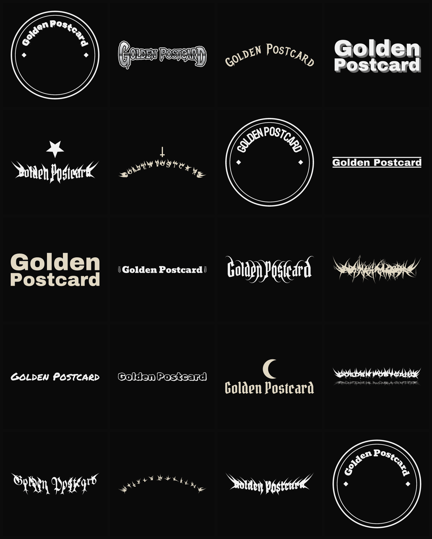 Twenty Golden Postcard band logo ideas — different faces, treatments and spike settings