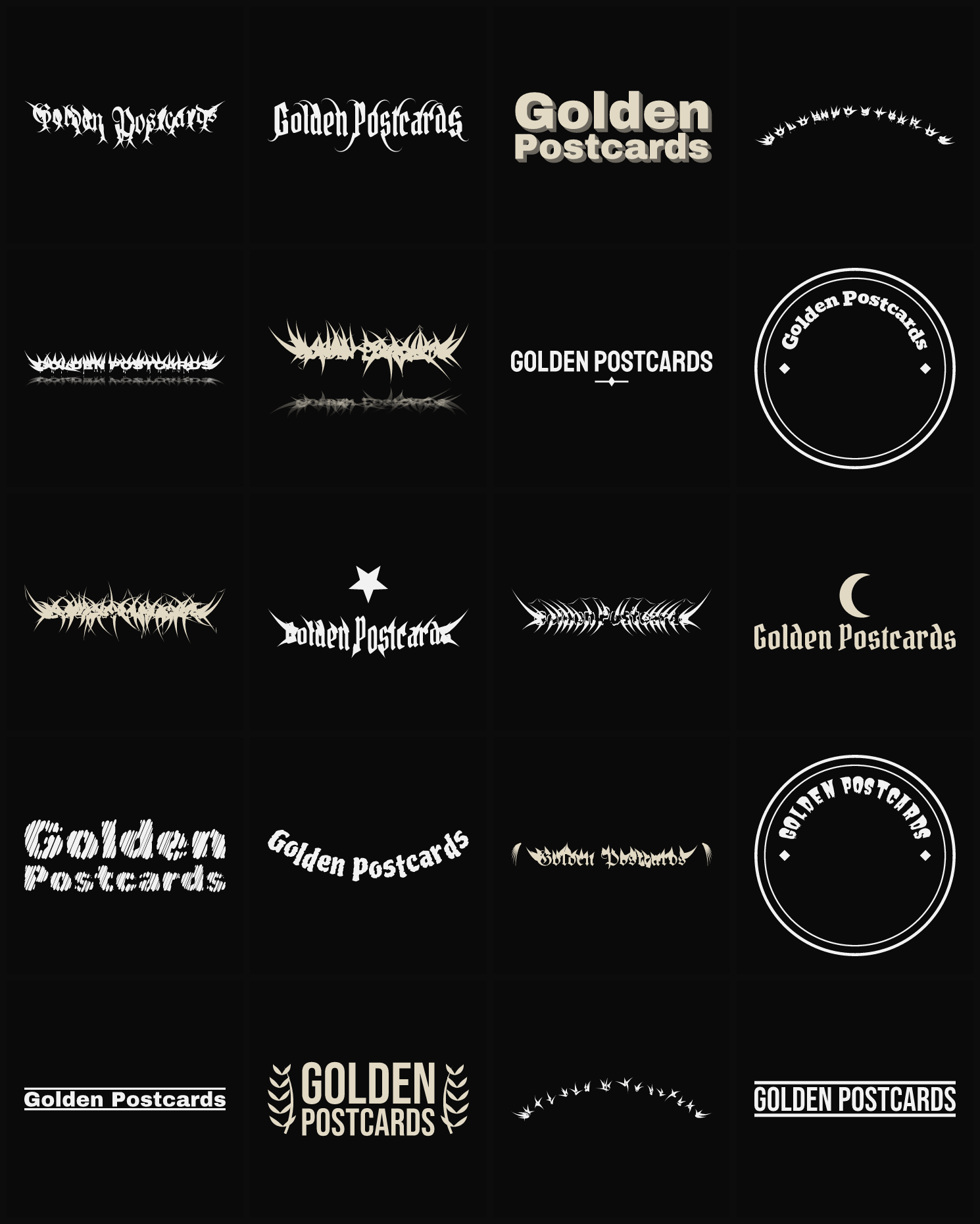 Twenty Golden Postcards band logo ideas — different faces, treatments and spike settings