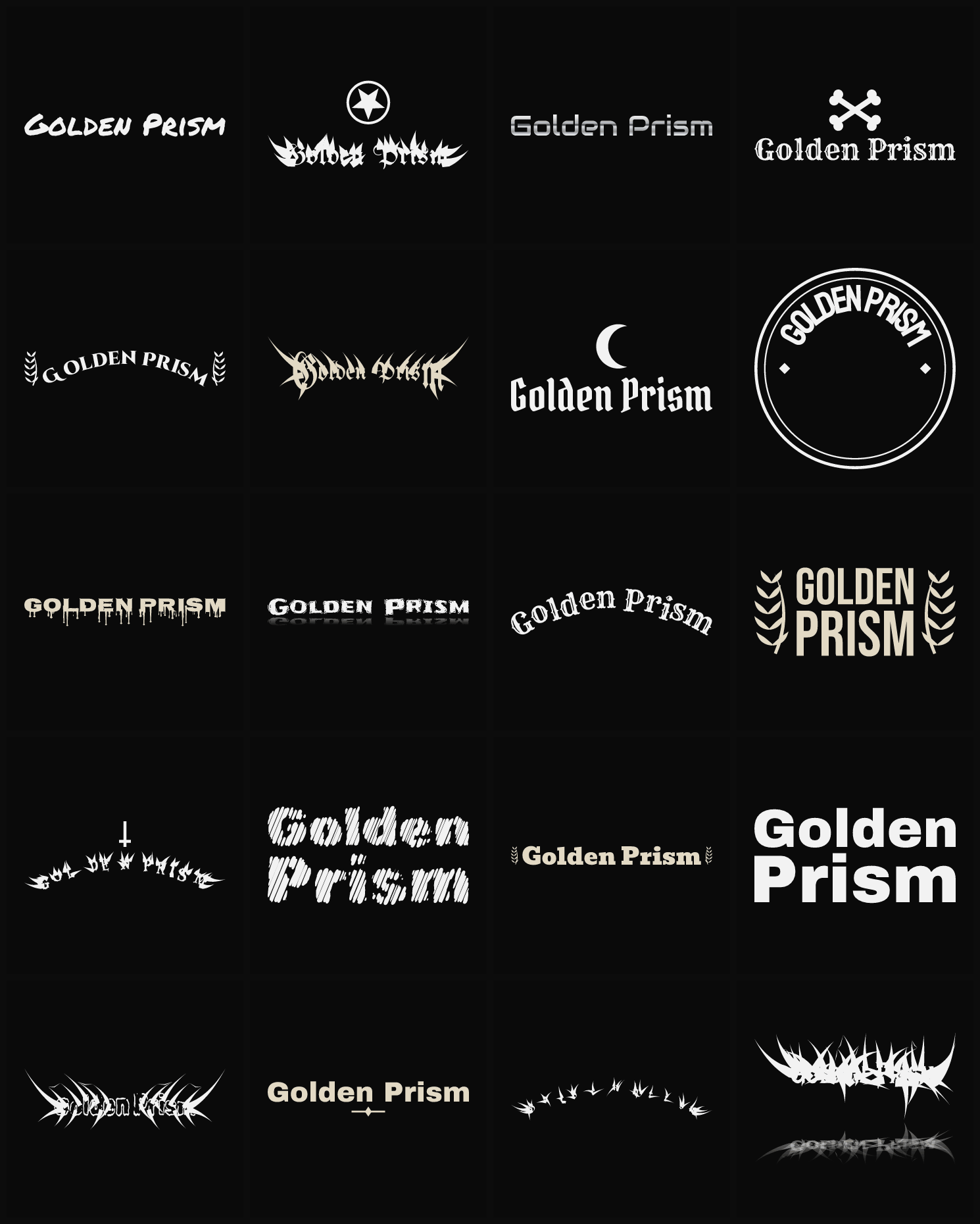Twenty Golden Prism band logo ideas — different faces, treatments and spike settings