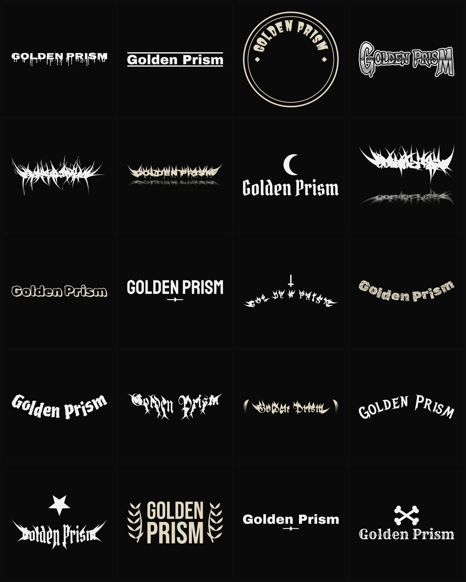 Twenty Golden Prism band logo ideas — different faces, treatments and spike settings