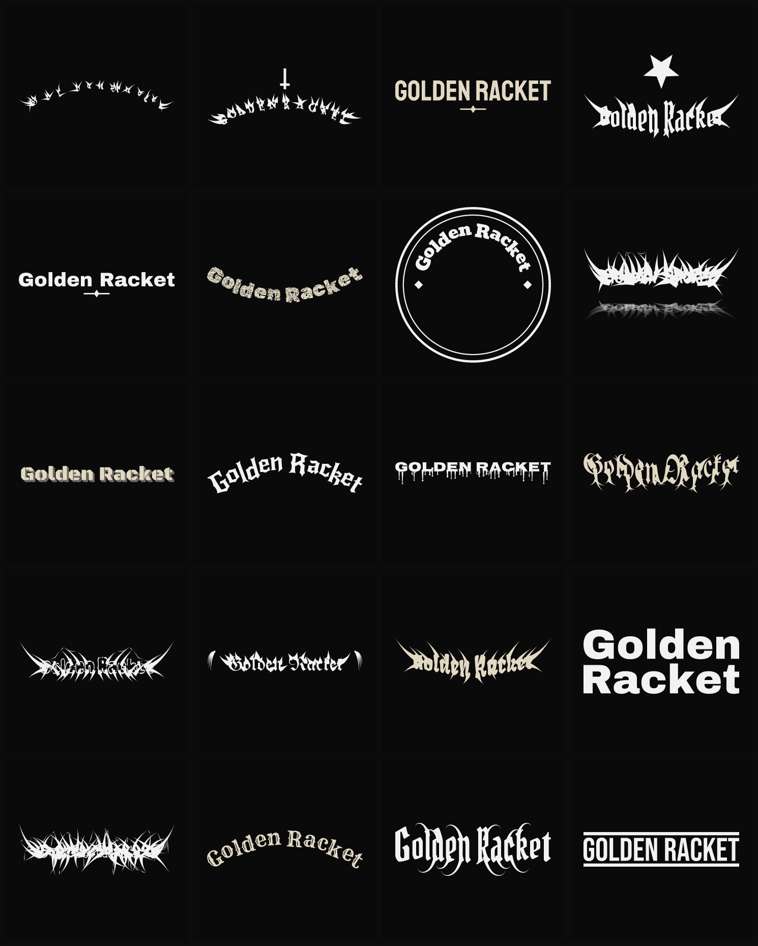 Twenty Golden Racket band logo ideas — different faces, treatments and spike settings