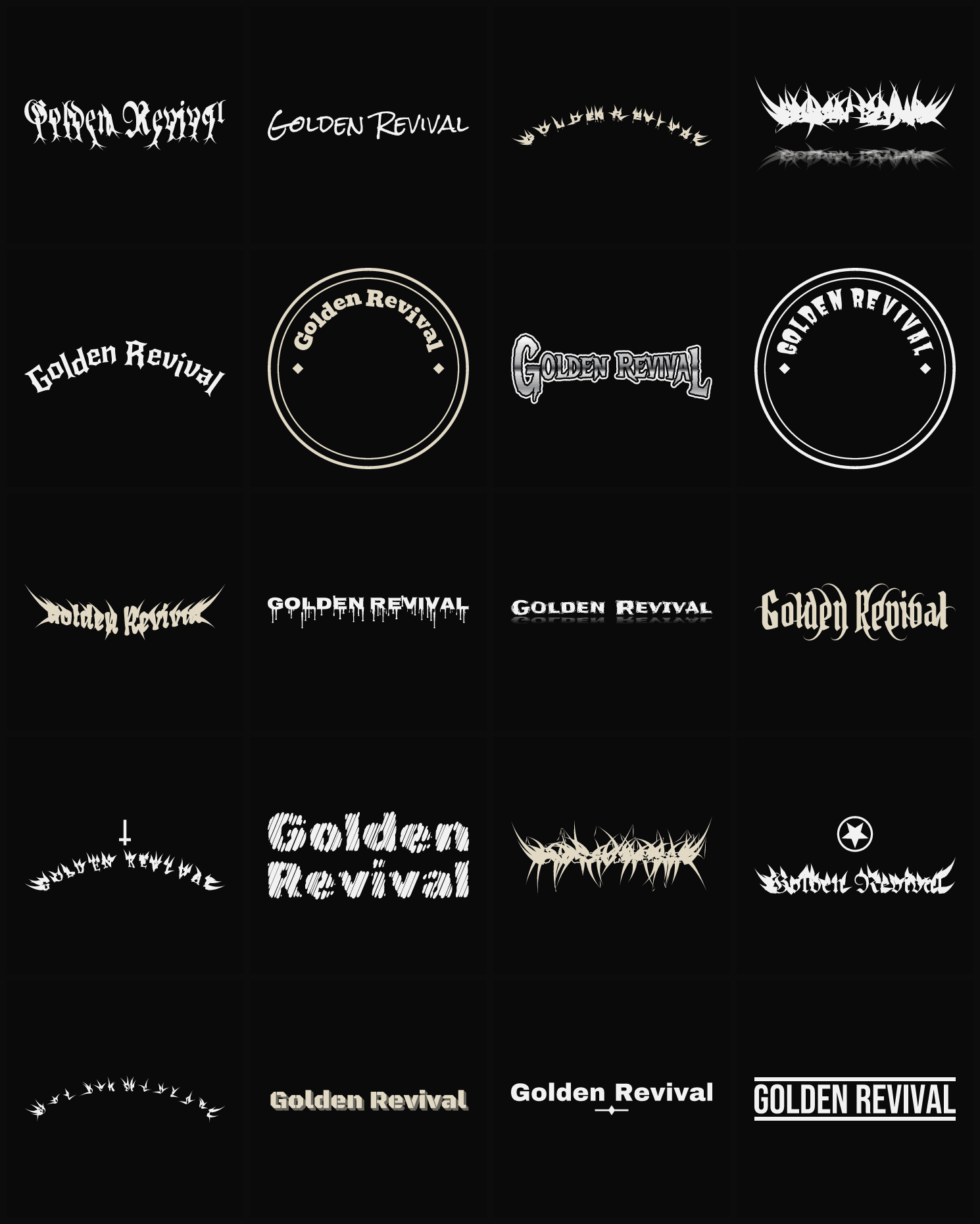 Twenty Golden Revival band logo ideas — different faces, treatments and spike settings