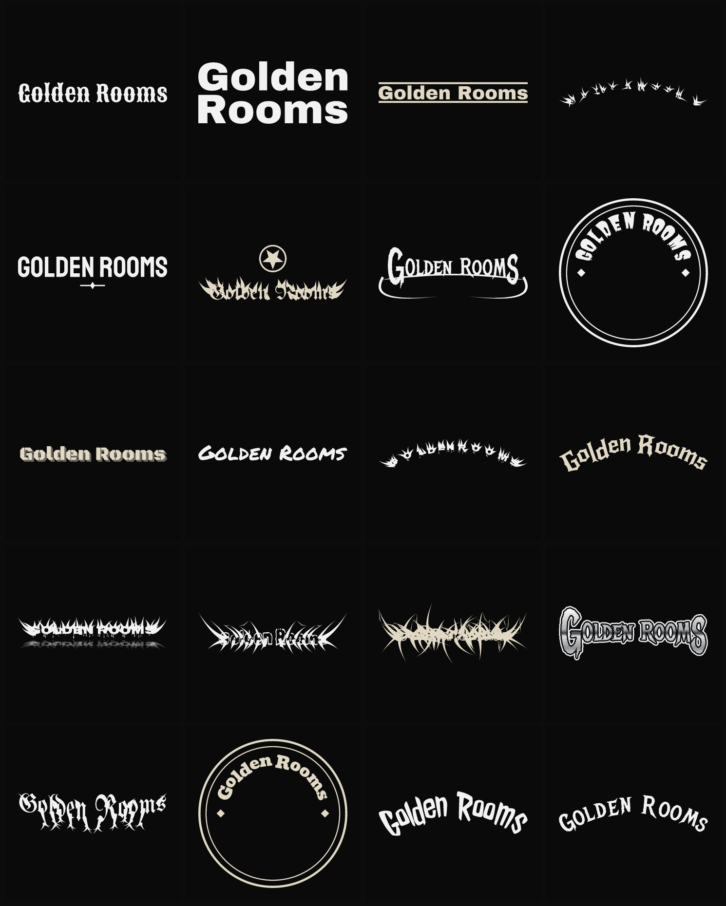 Twenty Golden Rooms band logo ideas — different faces, treatments and spike settings