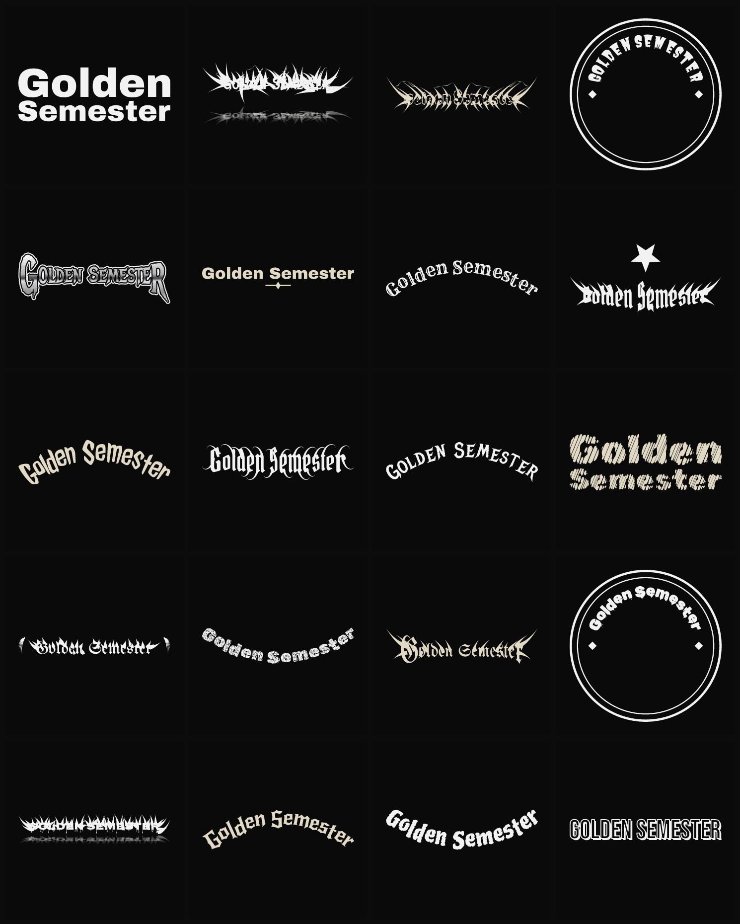 Twenty Golden Semester band logo ideas — different faces, treatments and spike settings