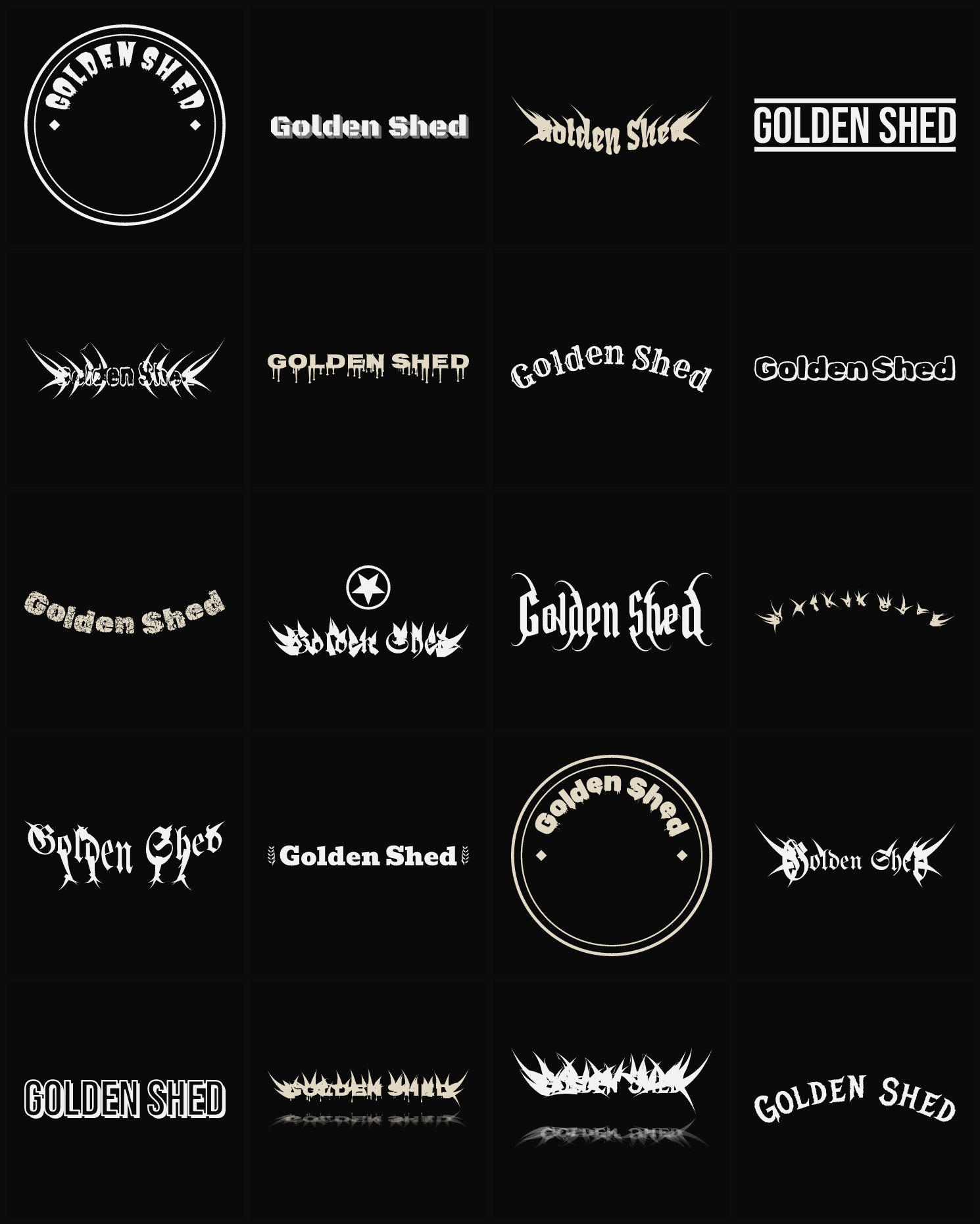 Twenty Golden Shed band logo ideas — different faces, treatments and spike settings