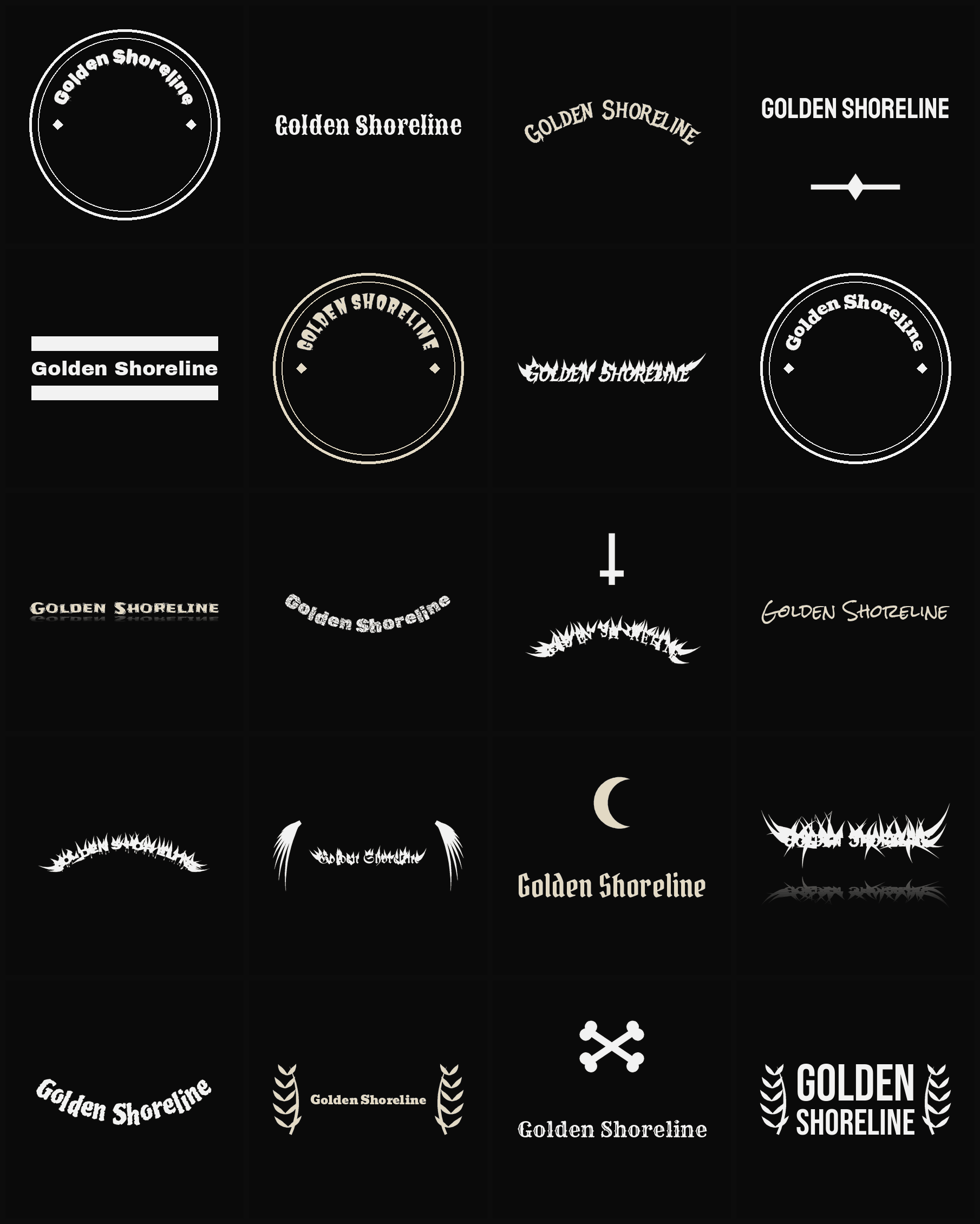 Twenty Golden Shoreline band logo ideas — different faces, treatments and spike settings