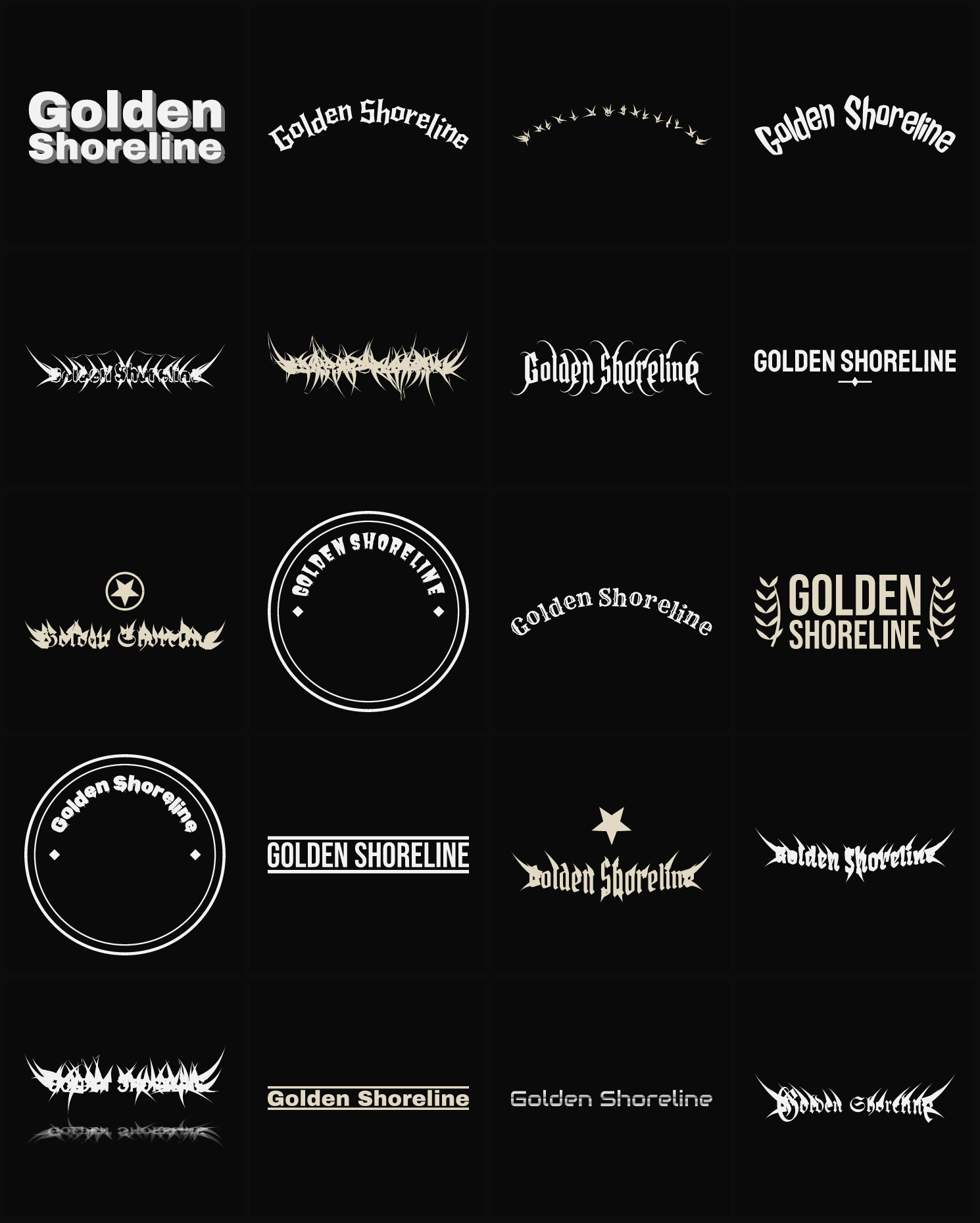 Twenty Golden Shoreline band logo ideas — different faces, treatments and spike settings