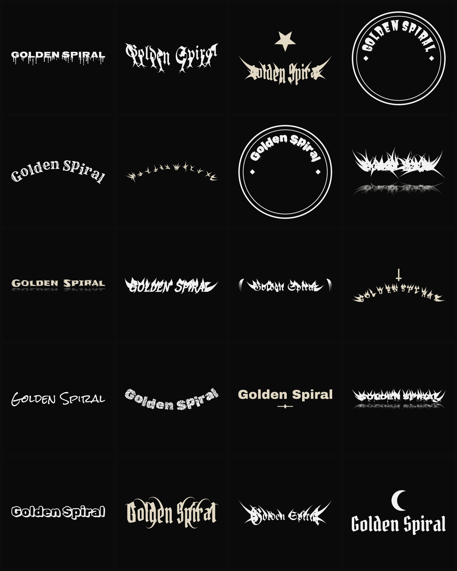 Twenty Golden Spiral band logo ideas — different faces, treatments and spike settings
