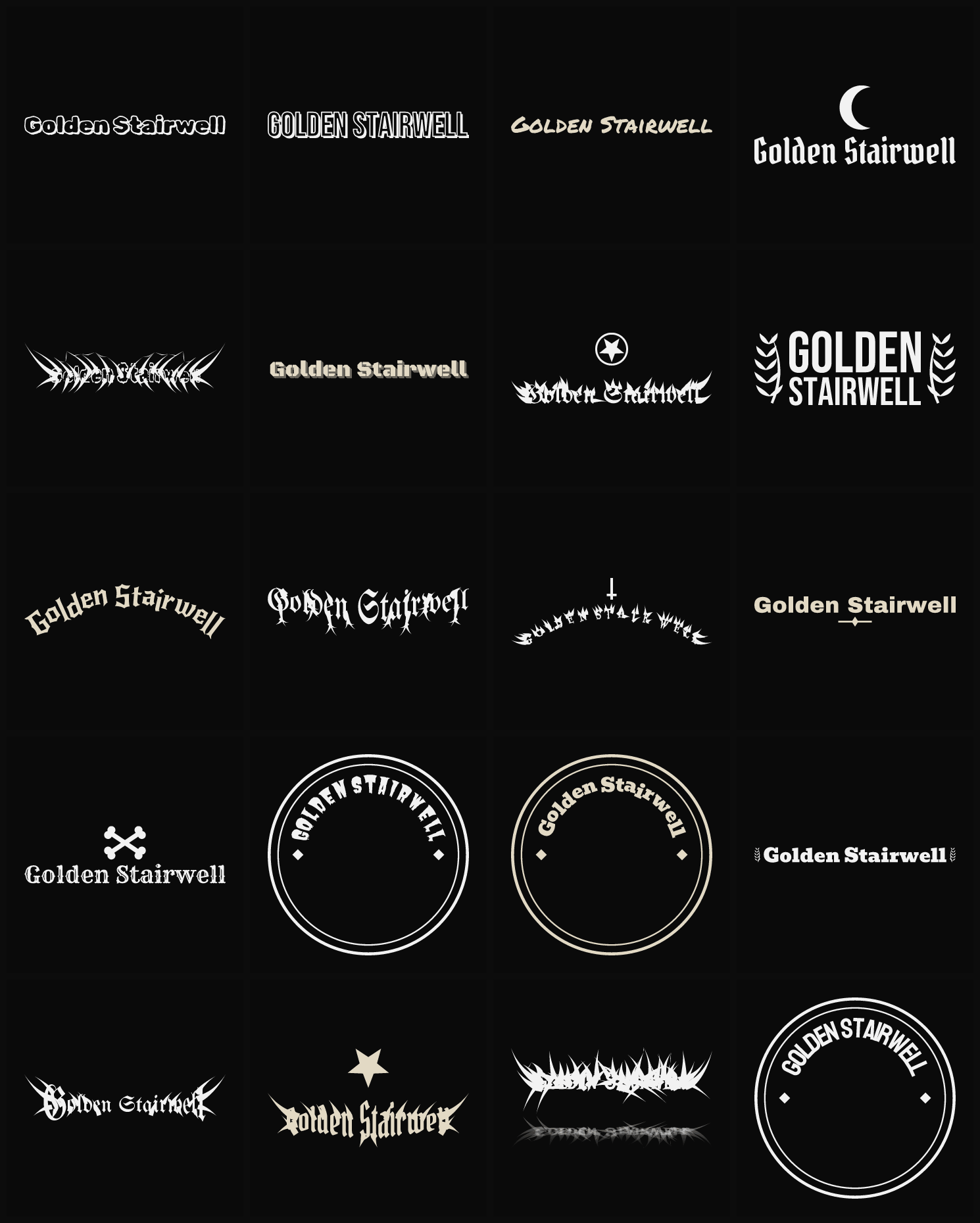 Twenty Golden Stairwell band logo ideas — different faces, treatments and spike settings