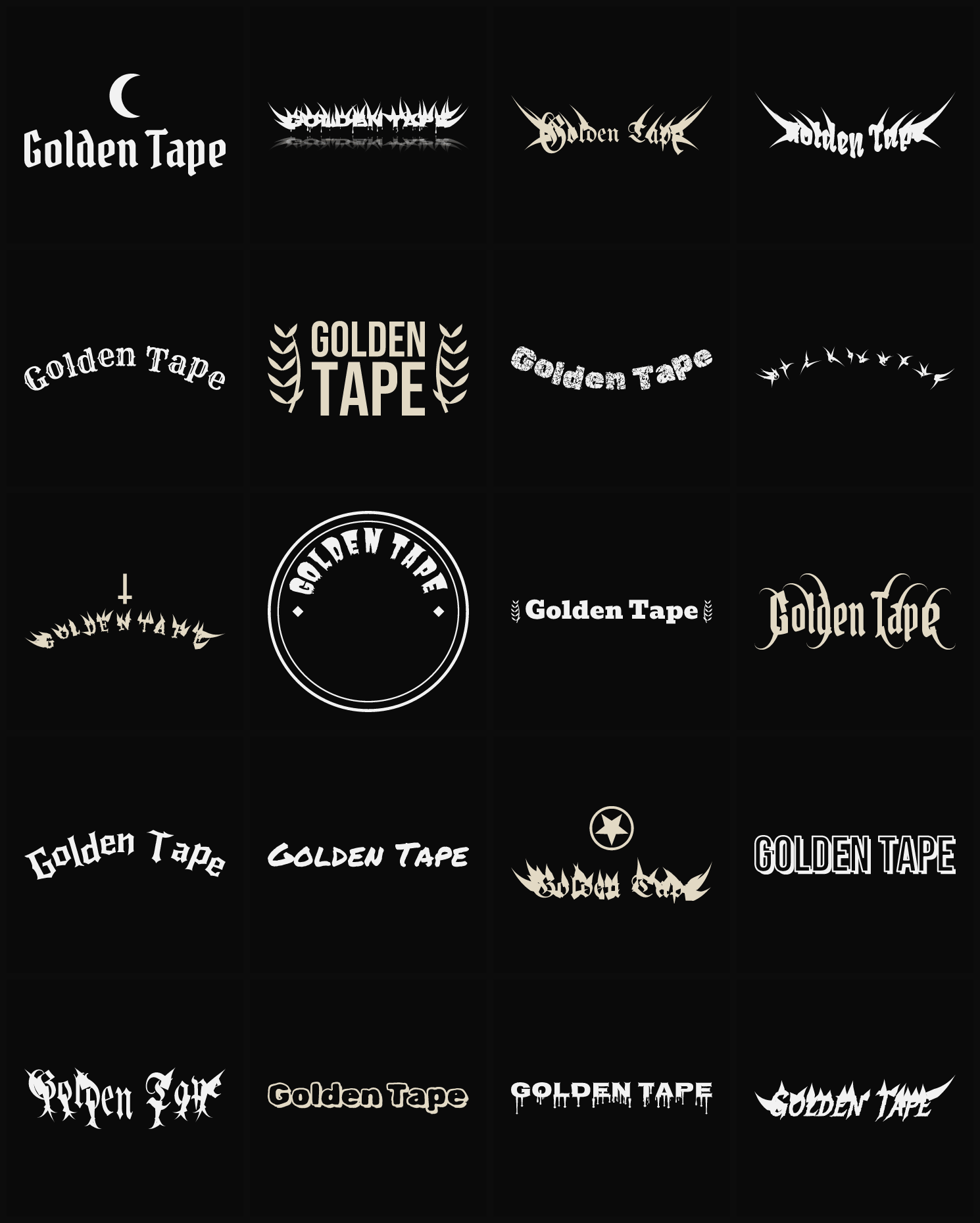 Twenty Golden Tape band logo ideas — different faces, treatments and spike settings