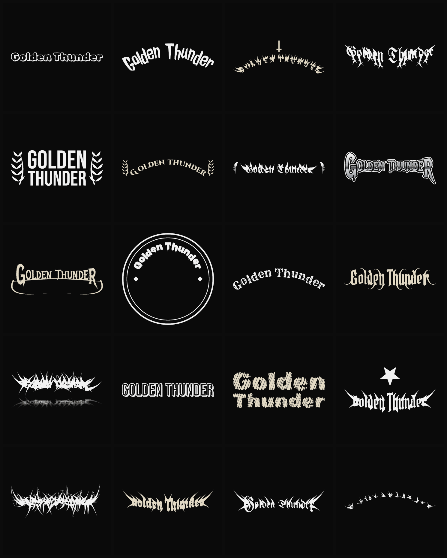 Twenty Golden Thunder band logo ideas — different faces, treatments and spike settings