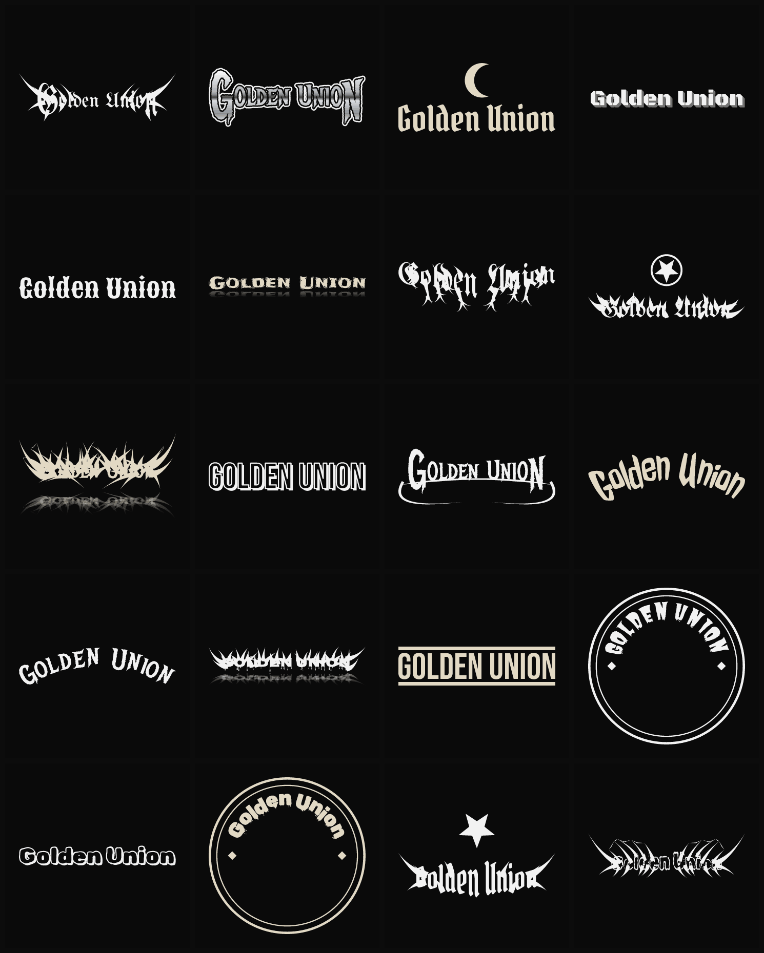 Twenty Golden Union band logo ideas — different faces, treatments and spike settings
