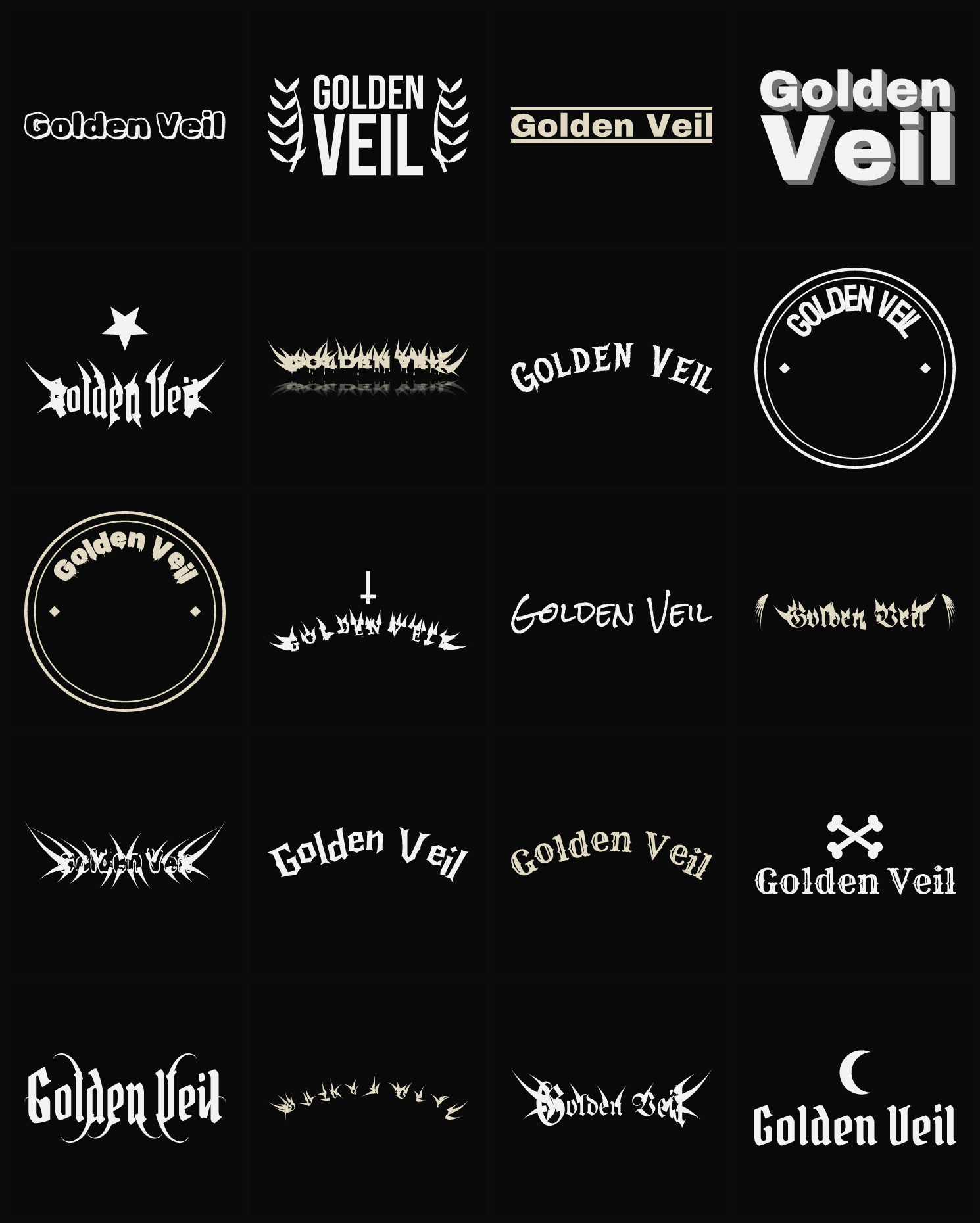 Twenty Golden Veil band logo ideas — different faces, treatments and spike settings