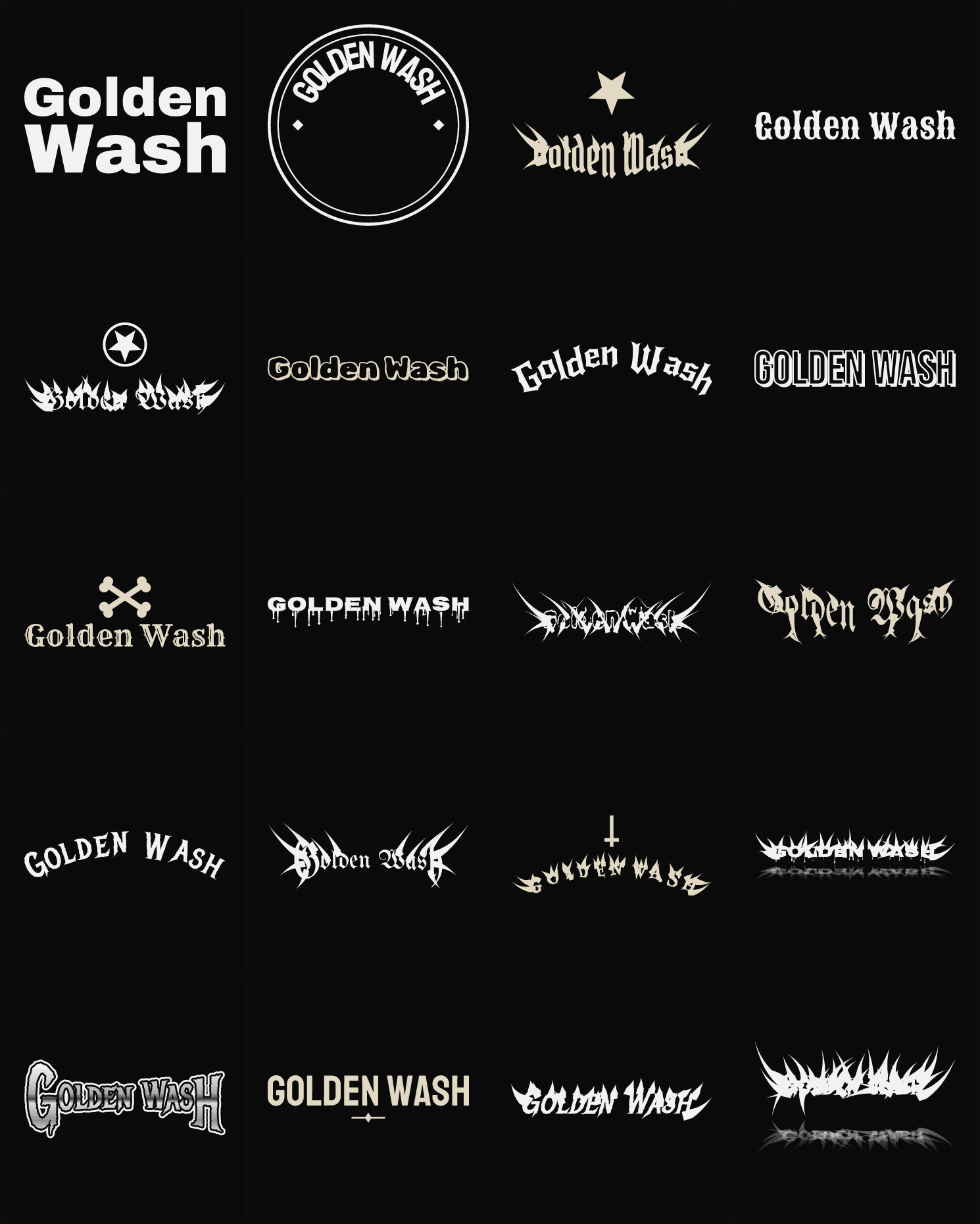 Twenty Golden Wash band logo ideas — different faces, treatments and spike settings