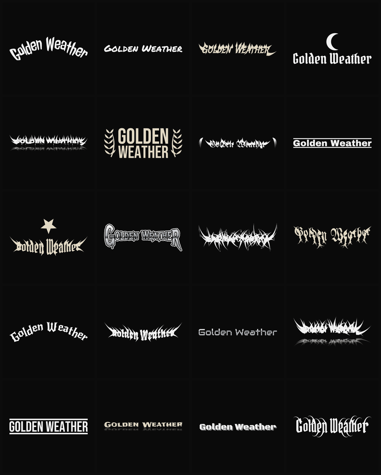 Twenty Golden Weather band logo ideas — different faces, treatments and spike settings