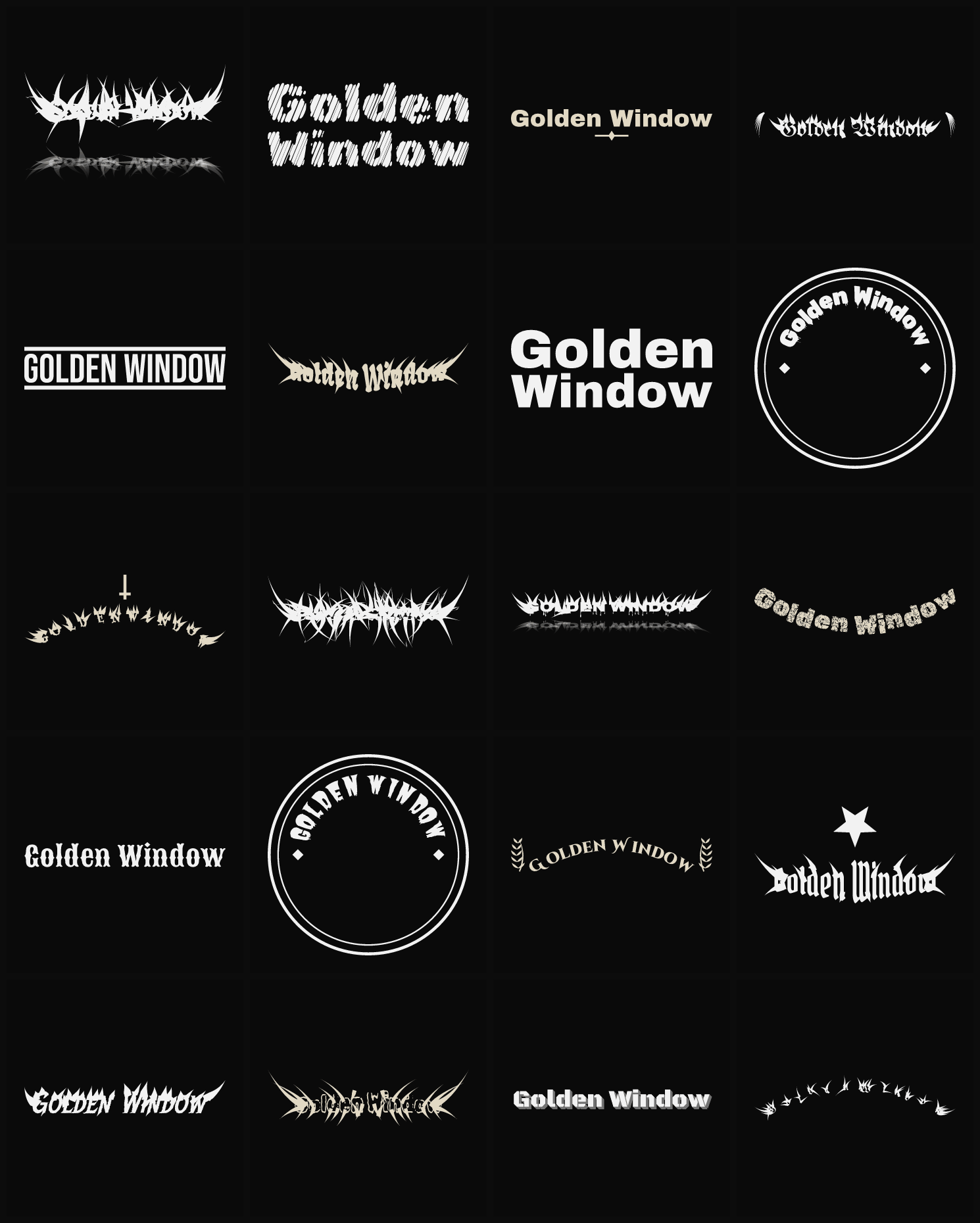 Twenty Golden Window band logo ideas — different faces, treatments and spike settings