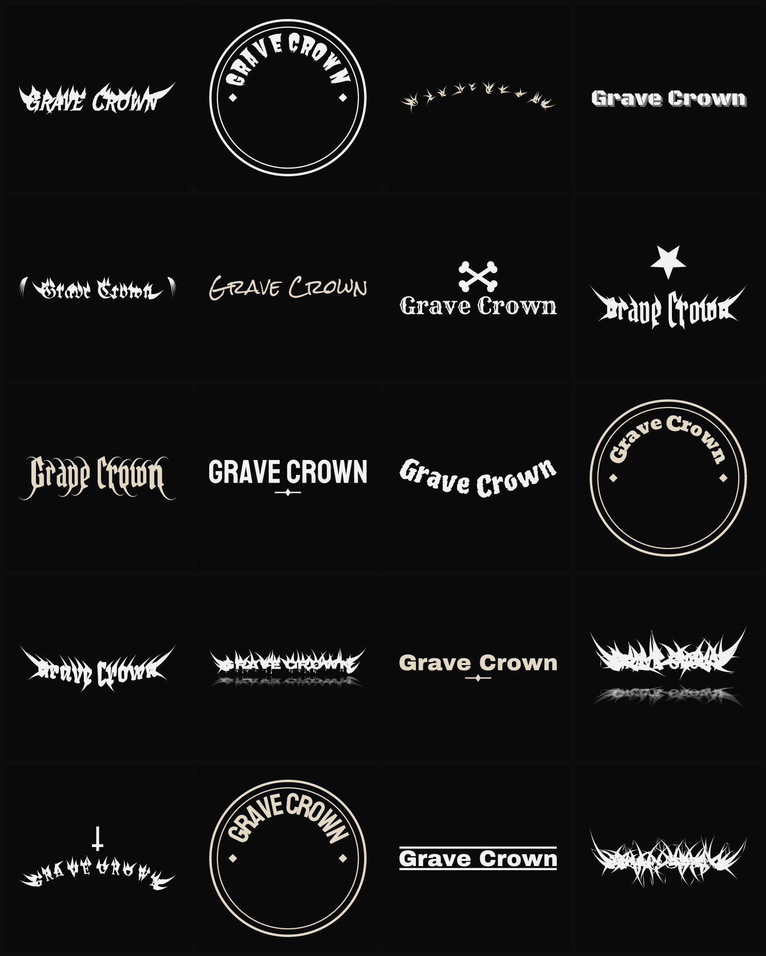 Twenty Grave Crown band logo ideas — different faces, treatments and spike settings