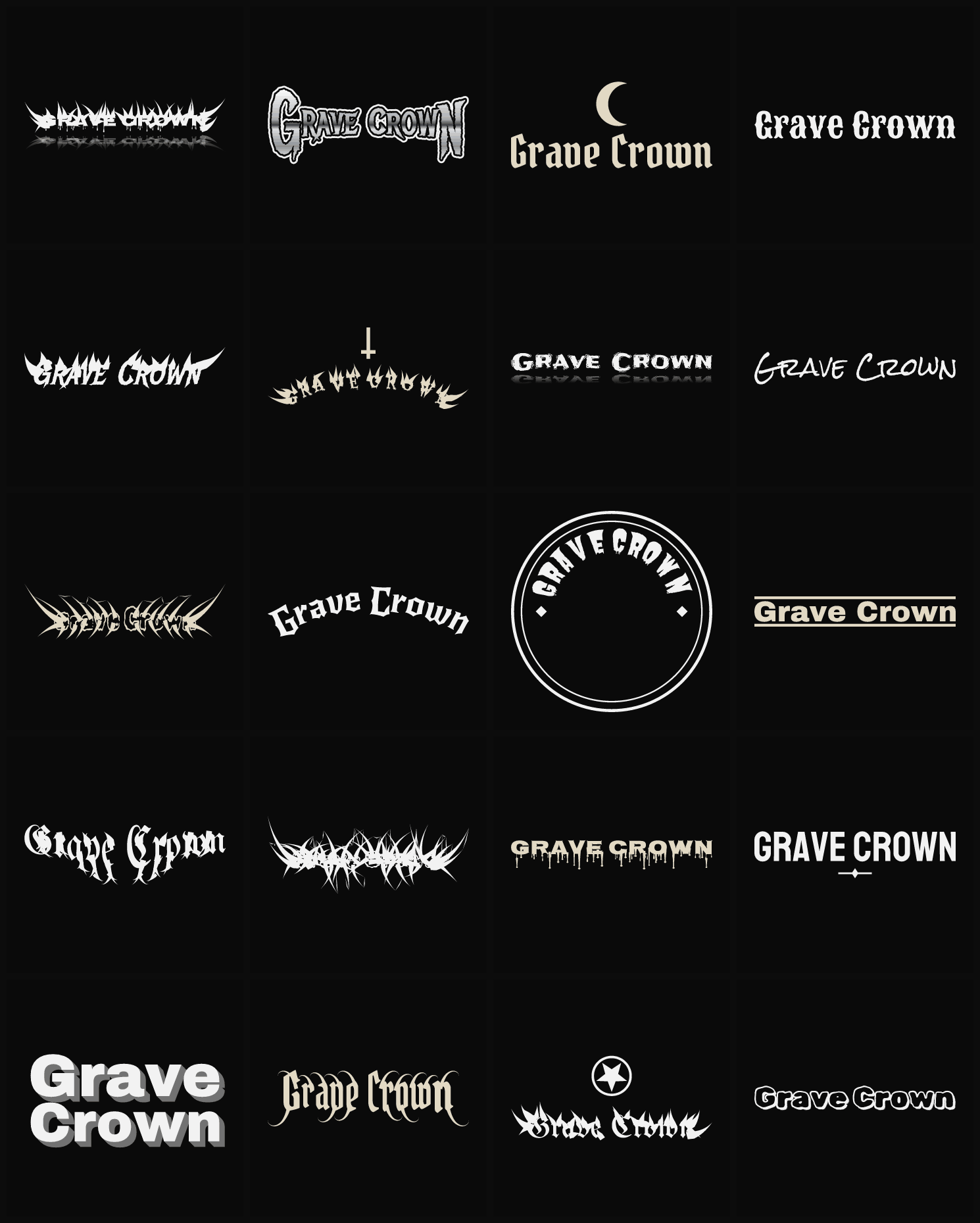 Twenty Grave Crown band logo ideas — different faces, treatments and spike settings