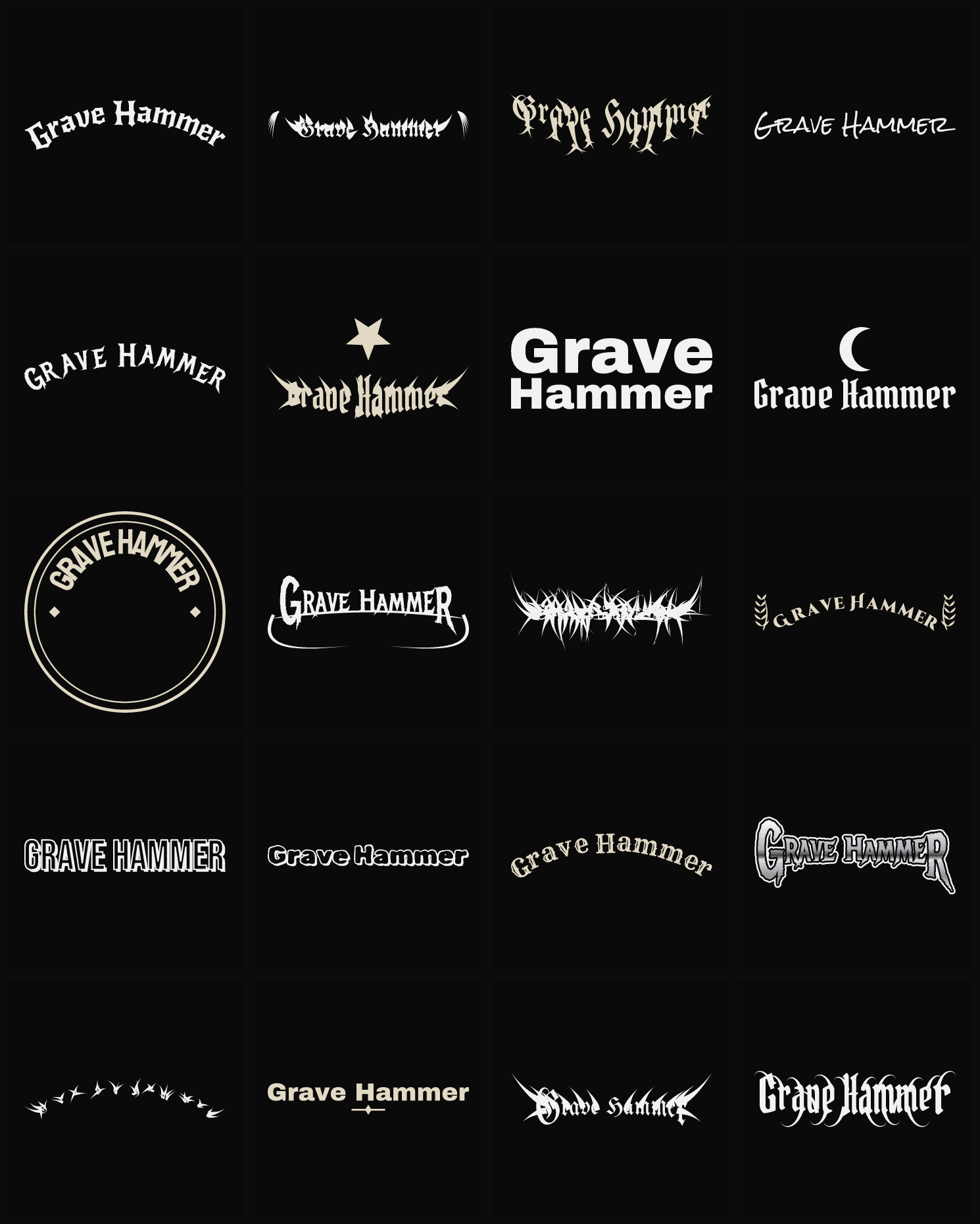 Twenty Grave Hammer band logo ideas — different faces, treatments and spike settings