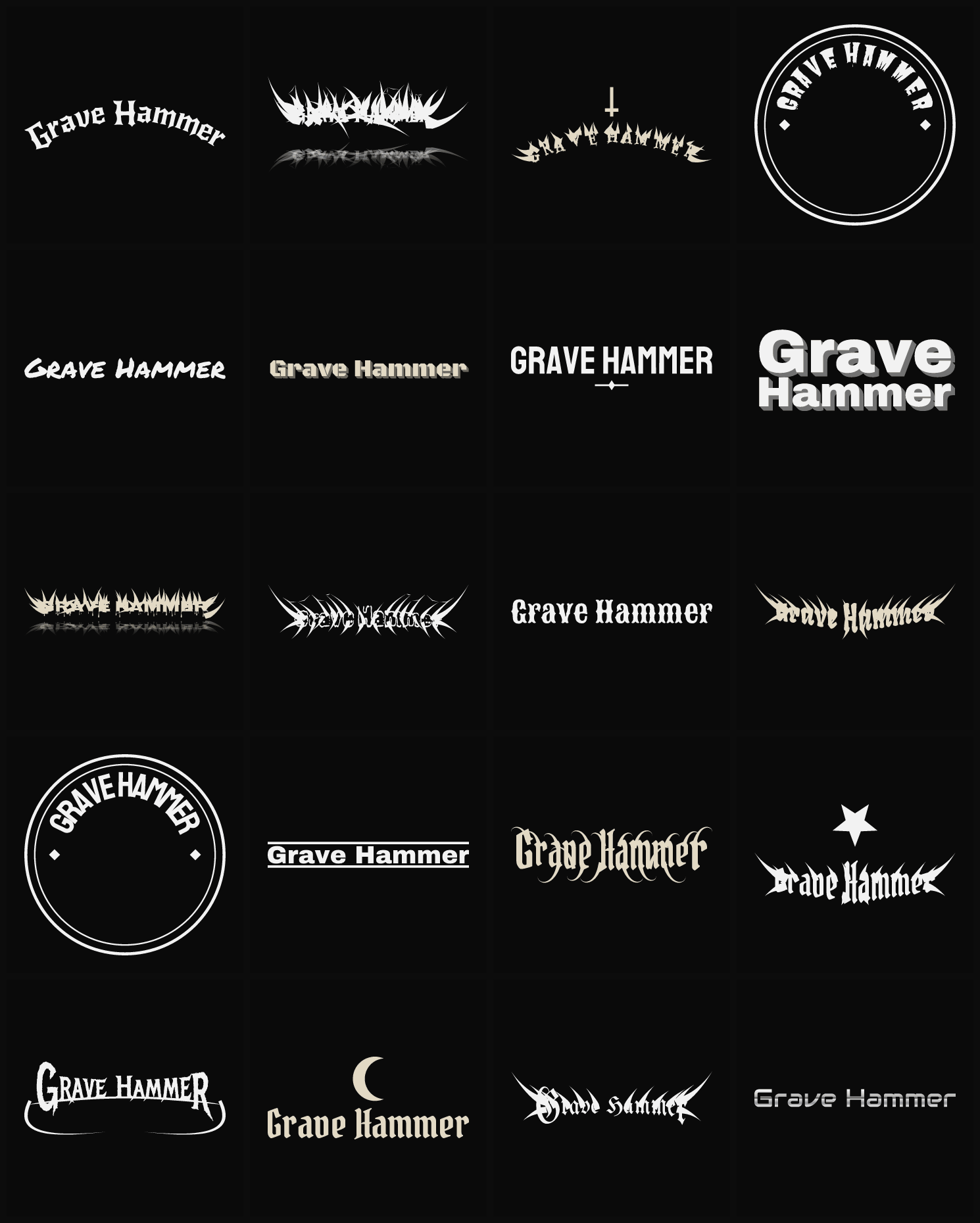 Twenty Grave Hammer band logo ideas — different faces, treatments and spike settings