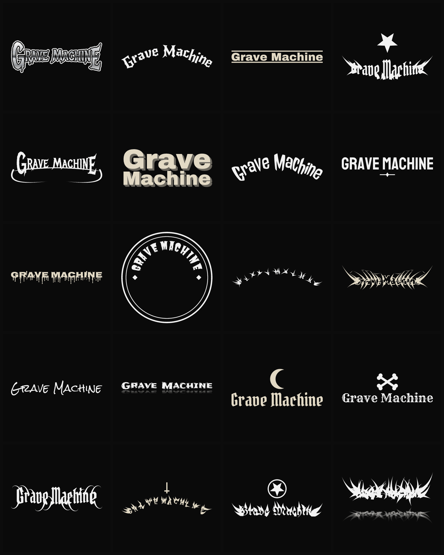 Twenty Grave Machine band logo ideas — different faces, treatments and spike settings