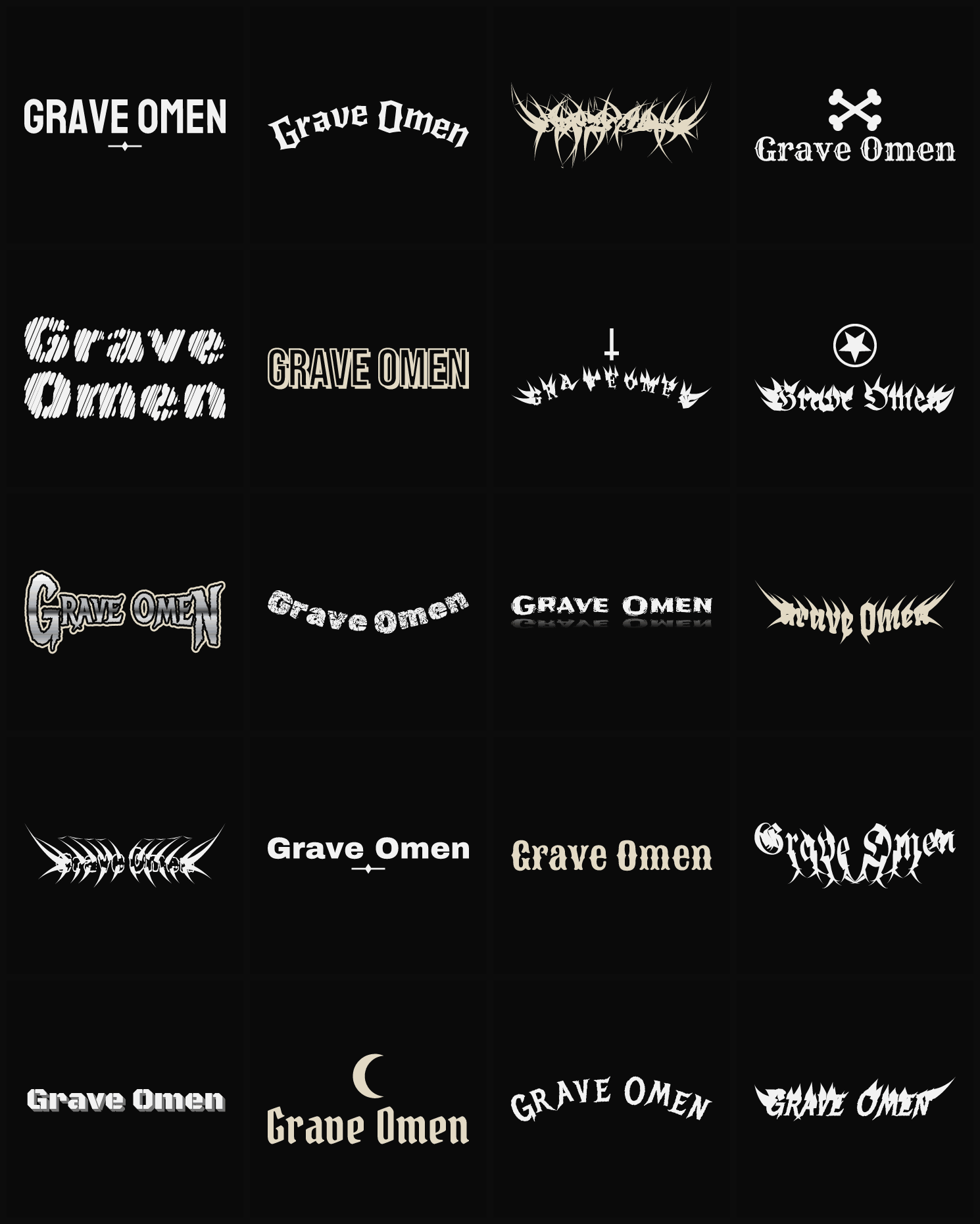 Twenty Grave Omen band logo ideas — different faces, treatments and spike settings