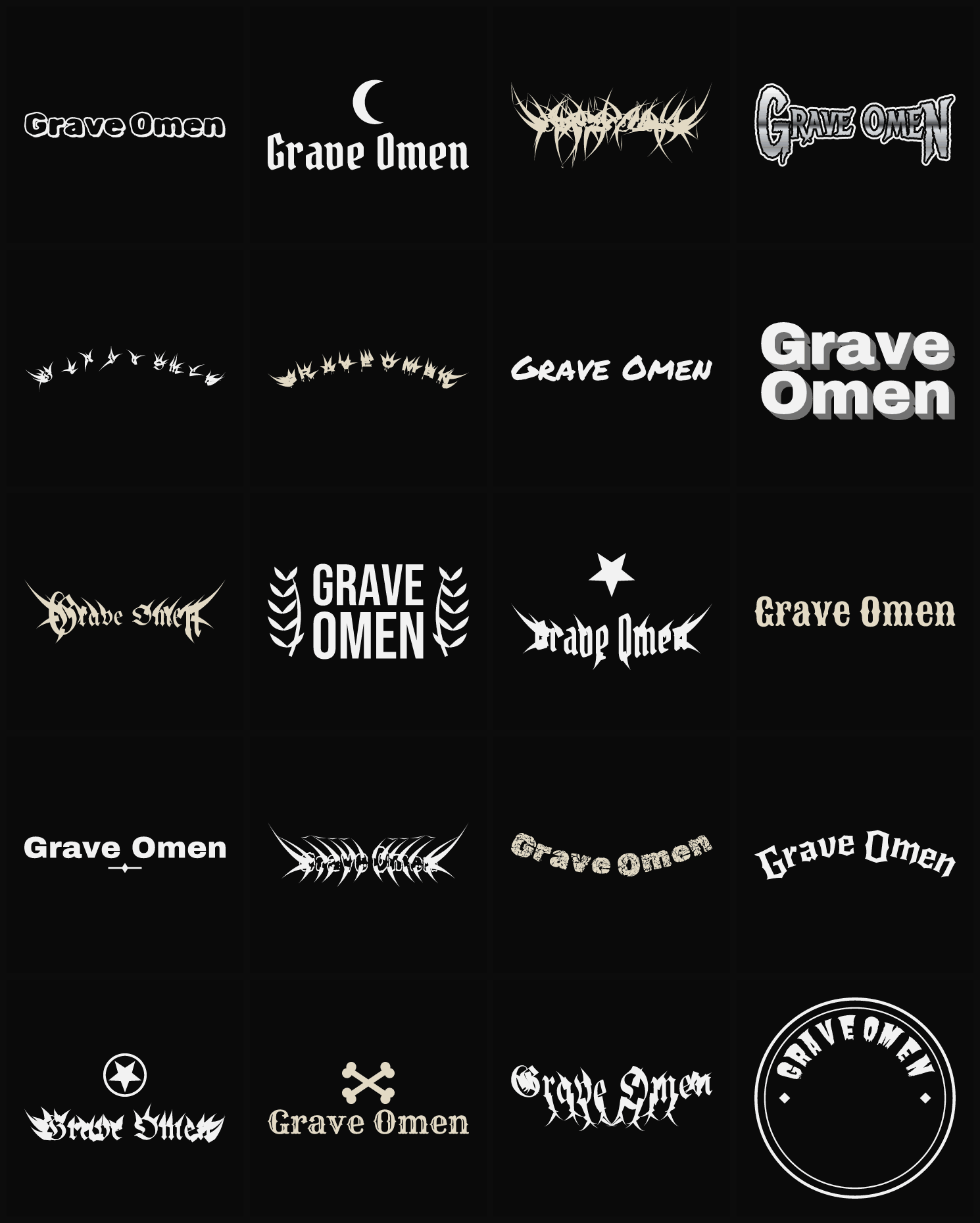 Twenty Grave Omen band logo ideas — different faces, treatments and spike settings
