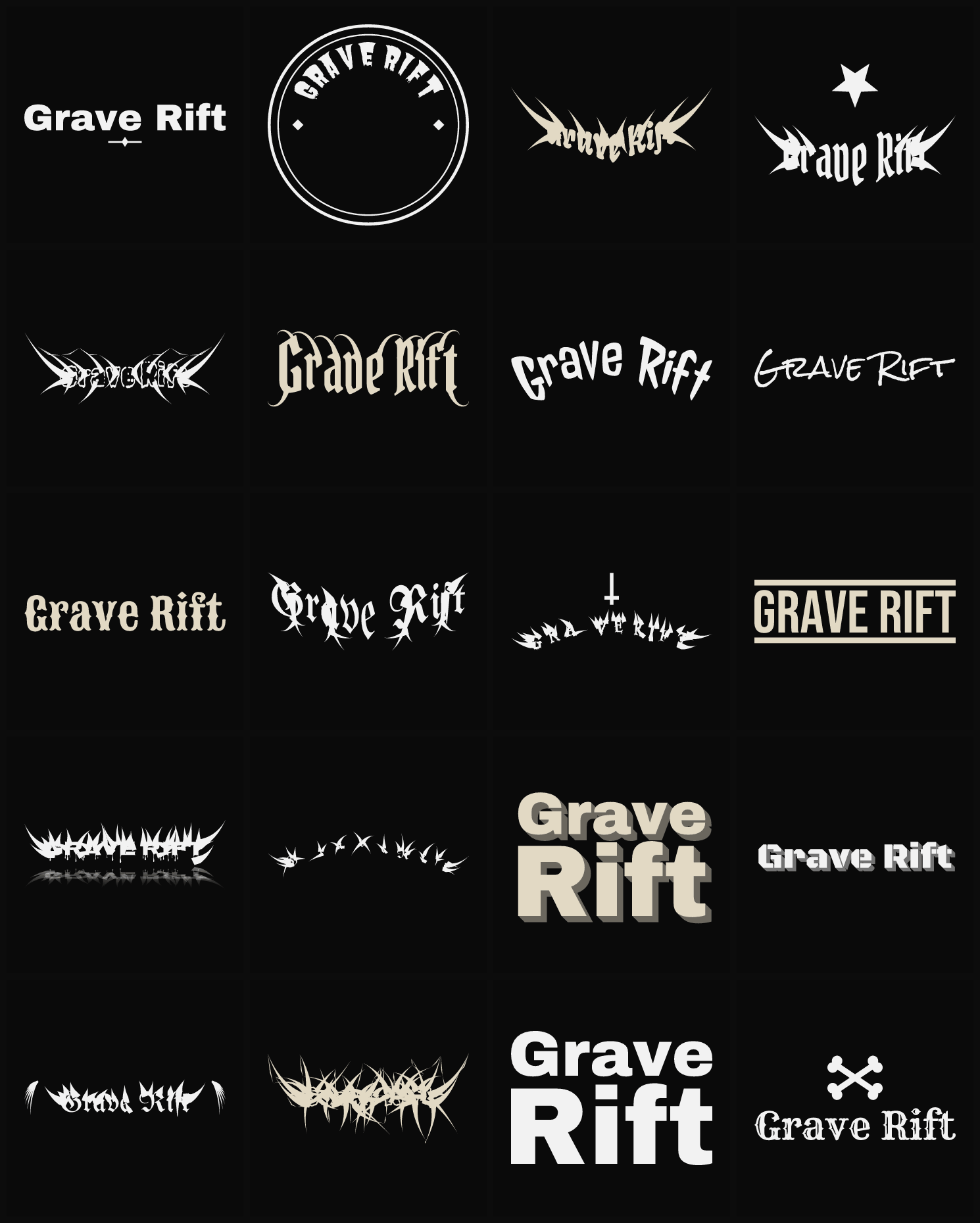 Twenty Grave Rift band logo ideas — different faces, treatments and spike settings