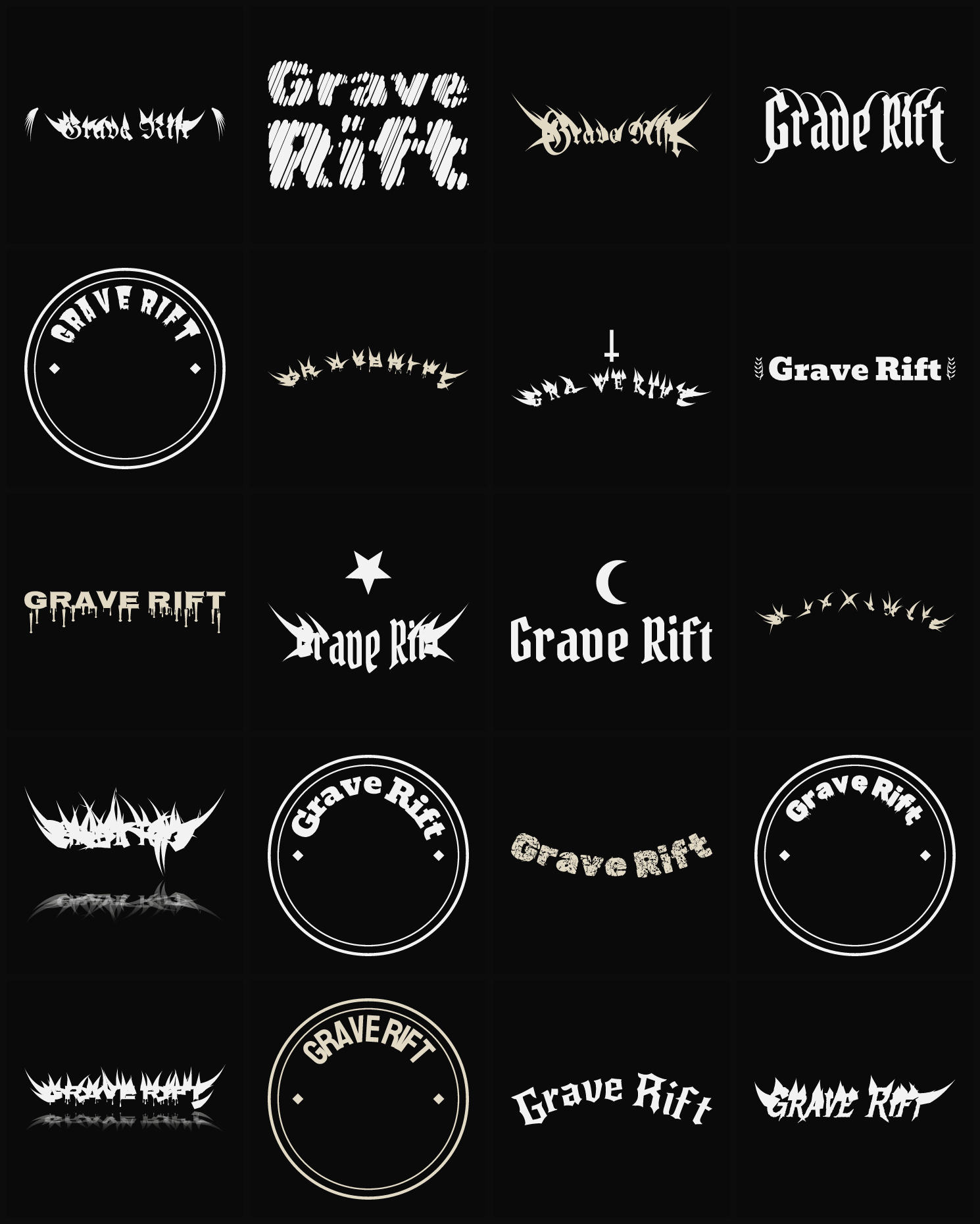 Twenty Grave Rift band logo ideas — different faces, treatments and spike settings