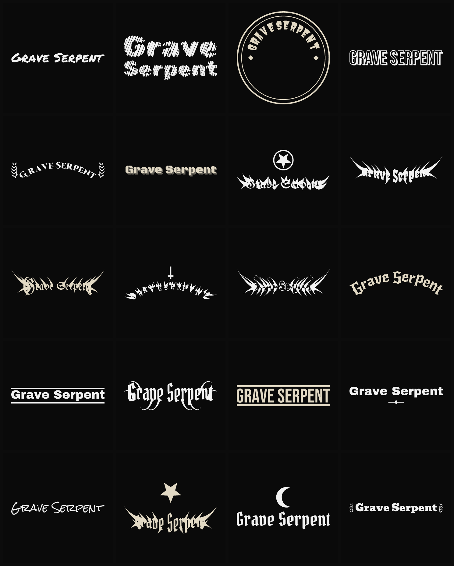 Twenty Grave Serpent band logo ideas — different faces, treatments and spike settings