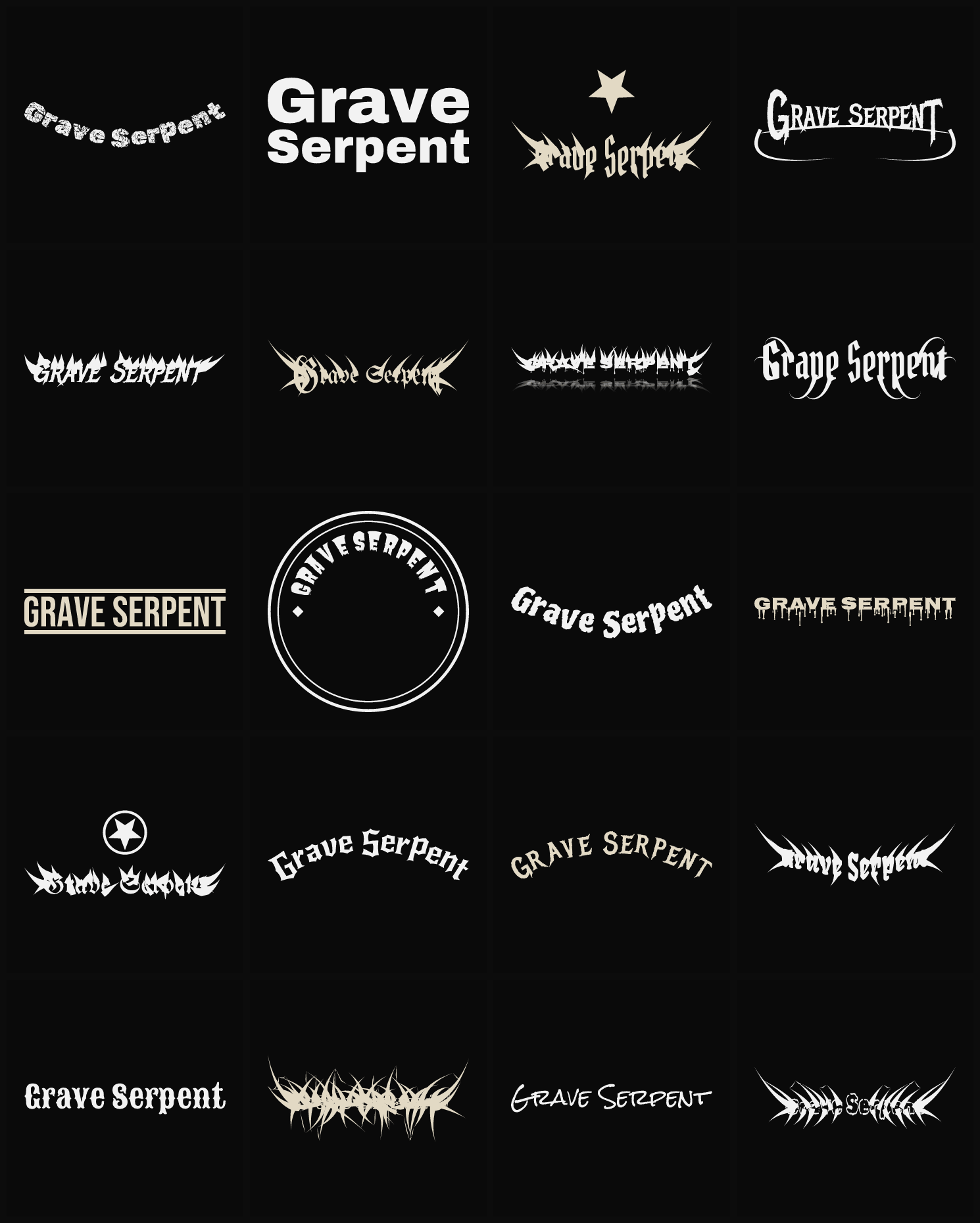 Twenty Grave Serpent band logo ideas — different faces, treatments and spike settings