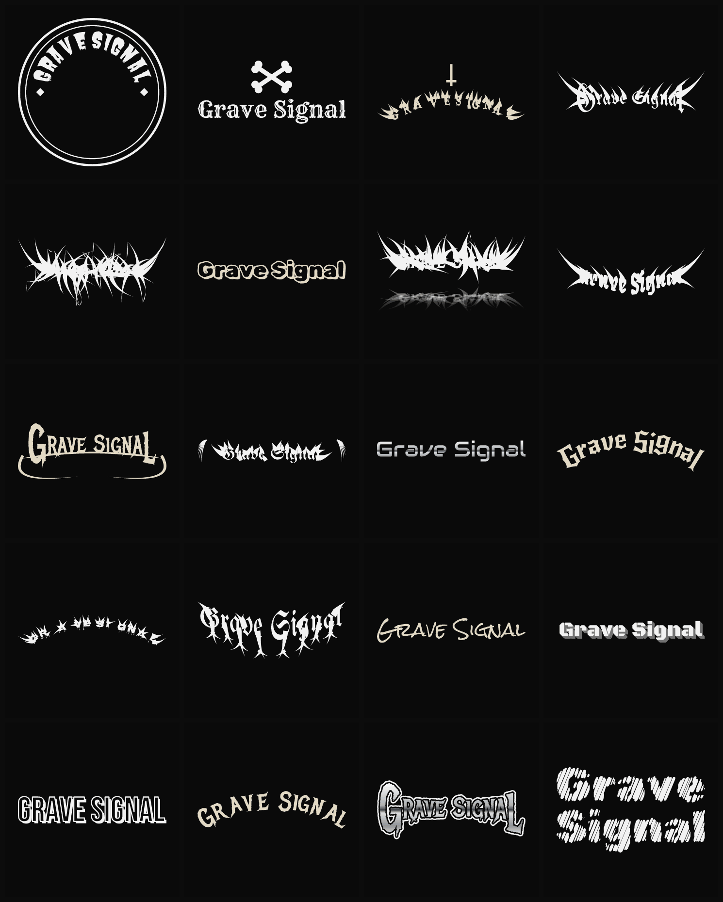 Twenty Grave Signal band logo ideas — different faces, treatments and spike settings
