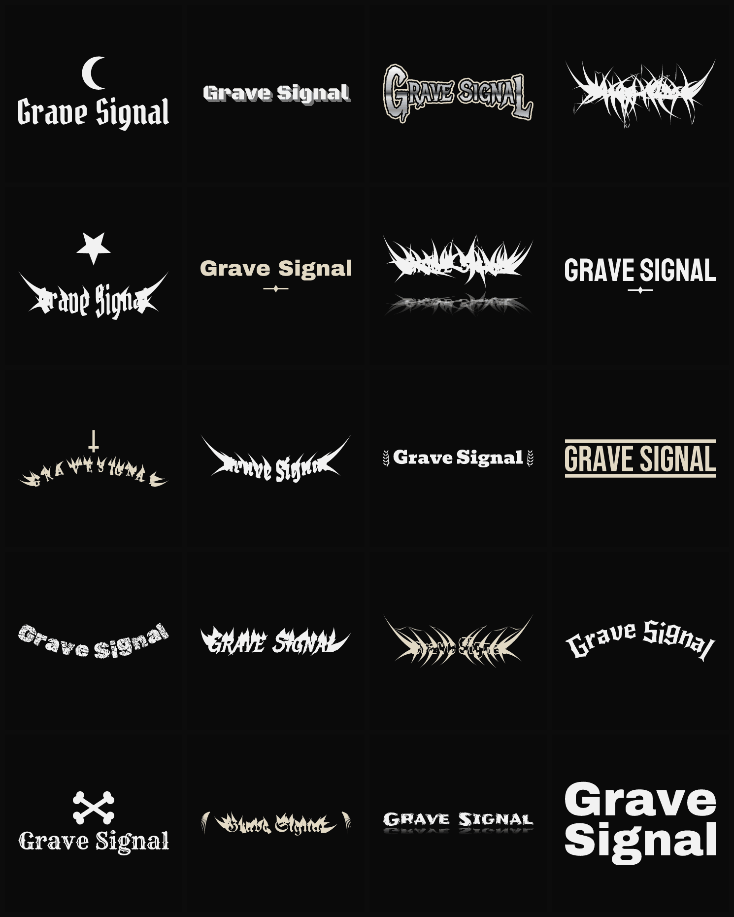 Twenty Grave Signal band logo ideas — different faces, treatments and spike settings