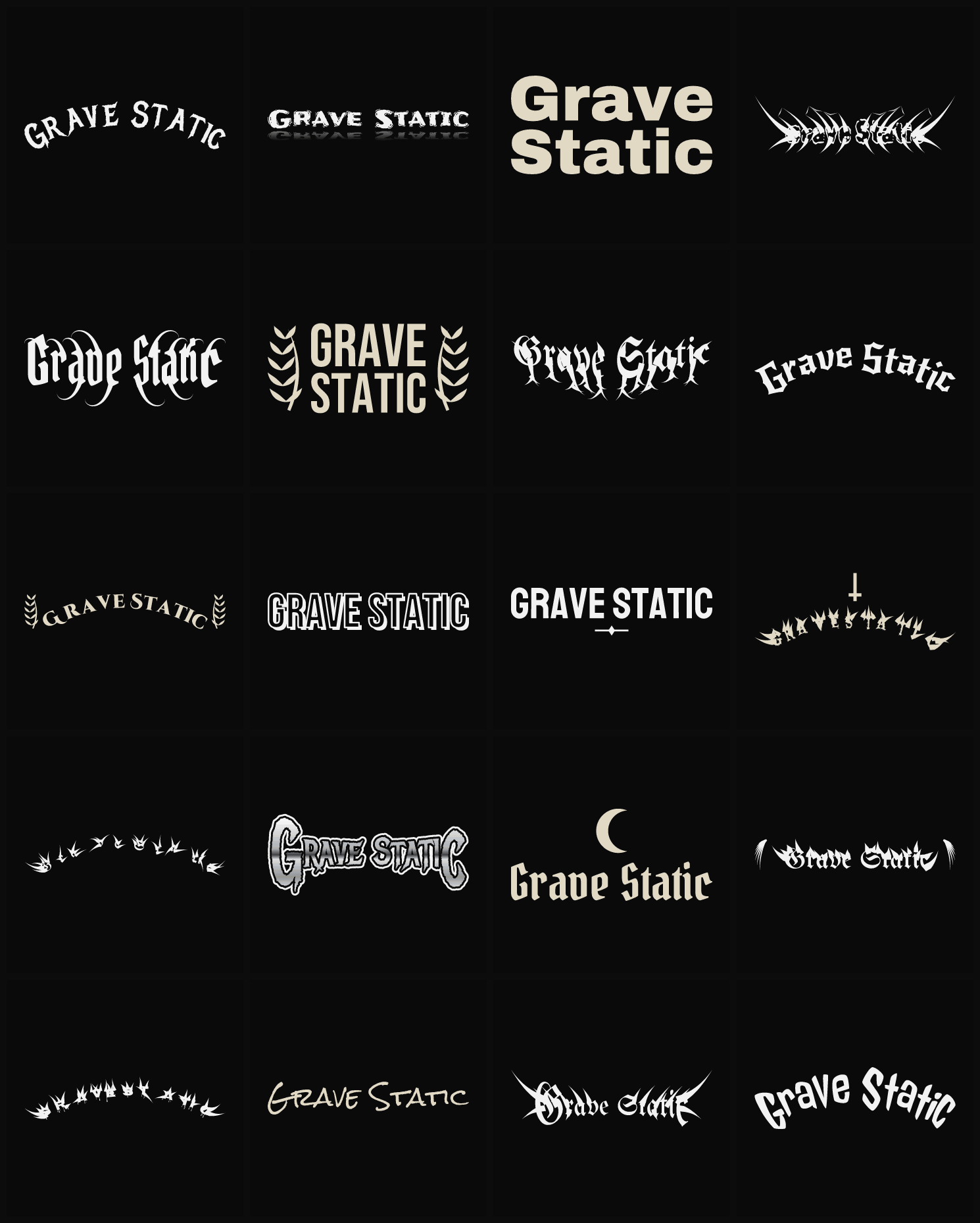 Twenty Grave Static band logo ideas — different faces, treatments and spike settings