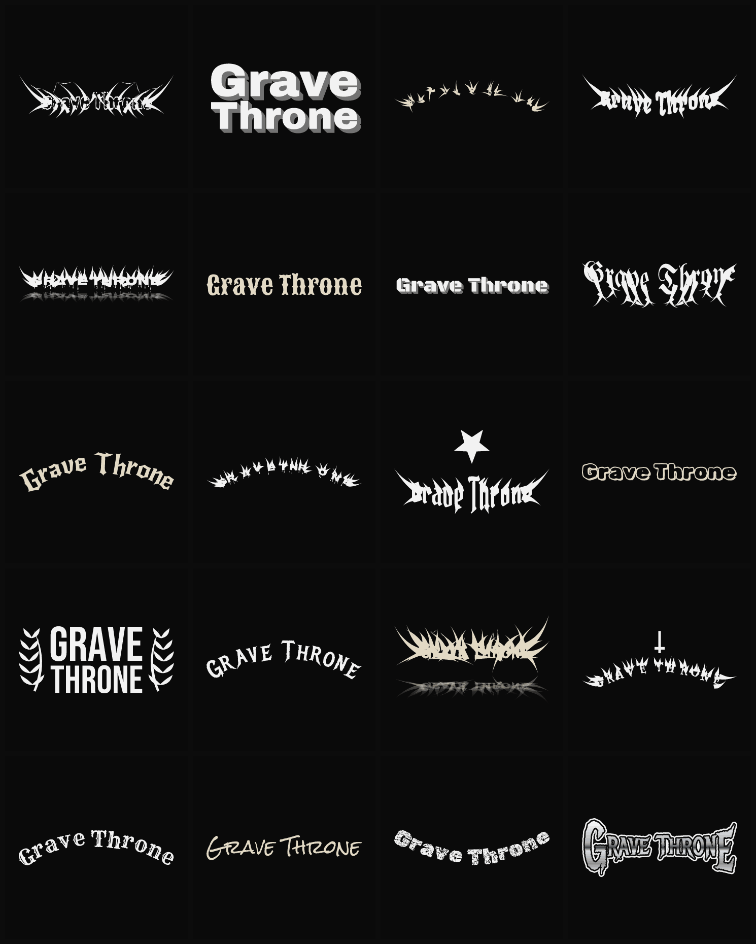 Twenty Grave Throne band logo ideas — different faces, treatments and spike settings