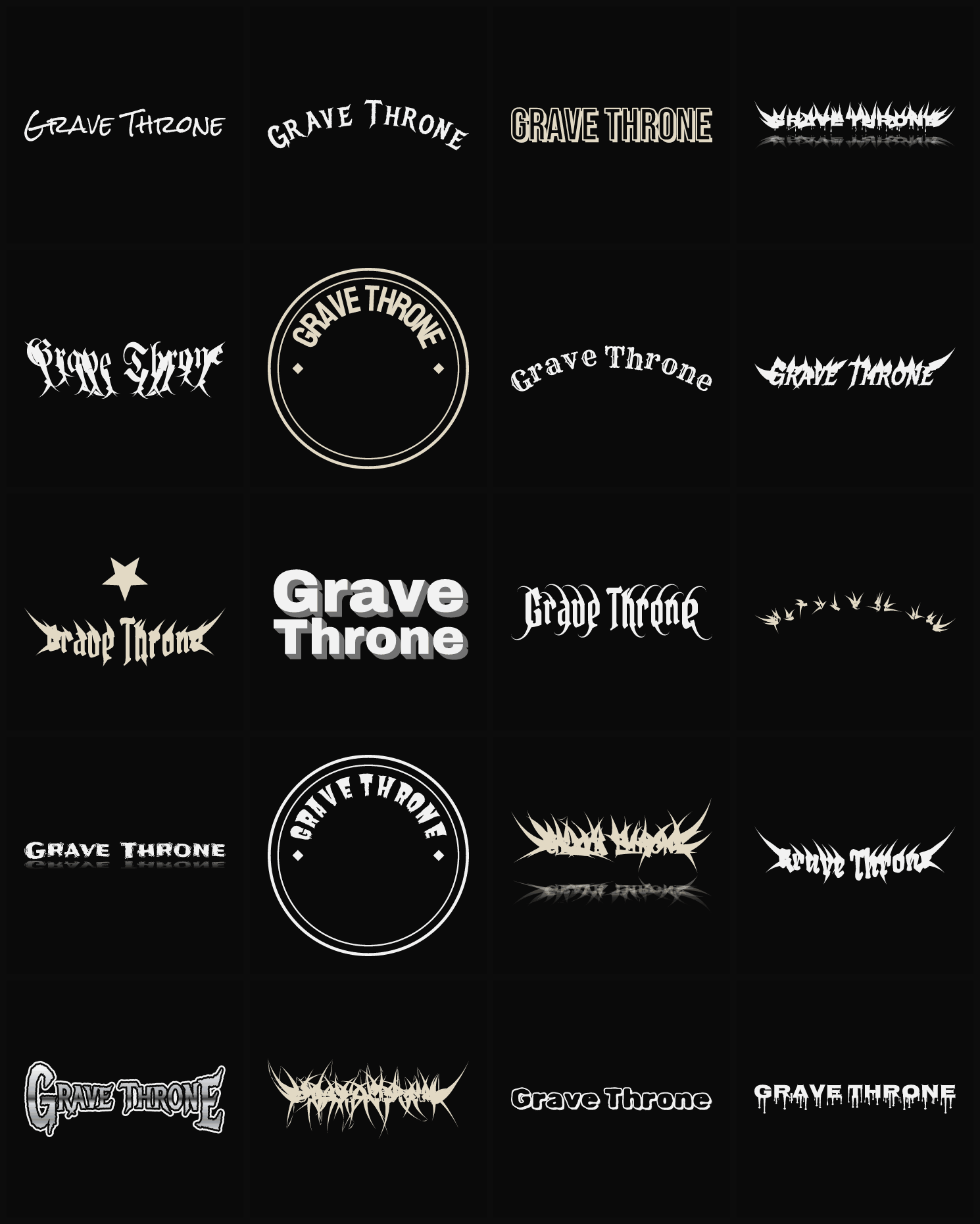 Twenty Grave Throne band logo ideas — different faces, treatments and spike settings