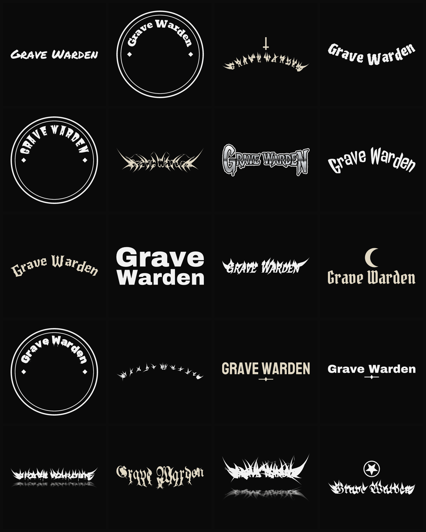 Twenty Grave Warden band logo ideas — different faces, treatments and spike settings