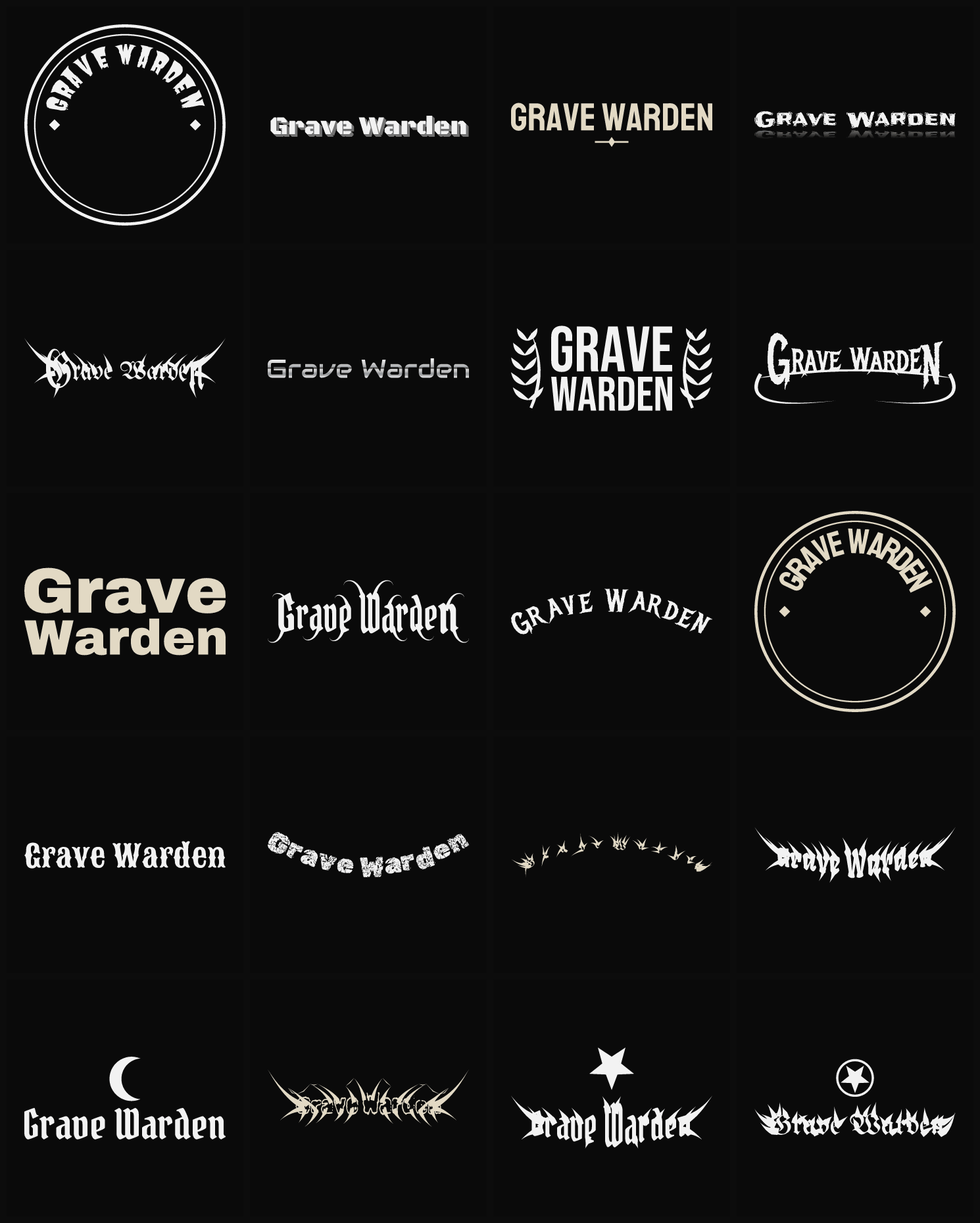 Twenty Grave Warden band logo ideas — different faces, treatments and spike settings