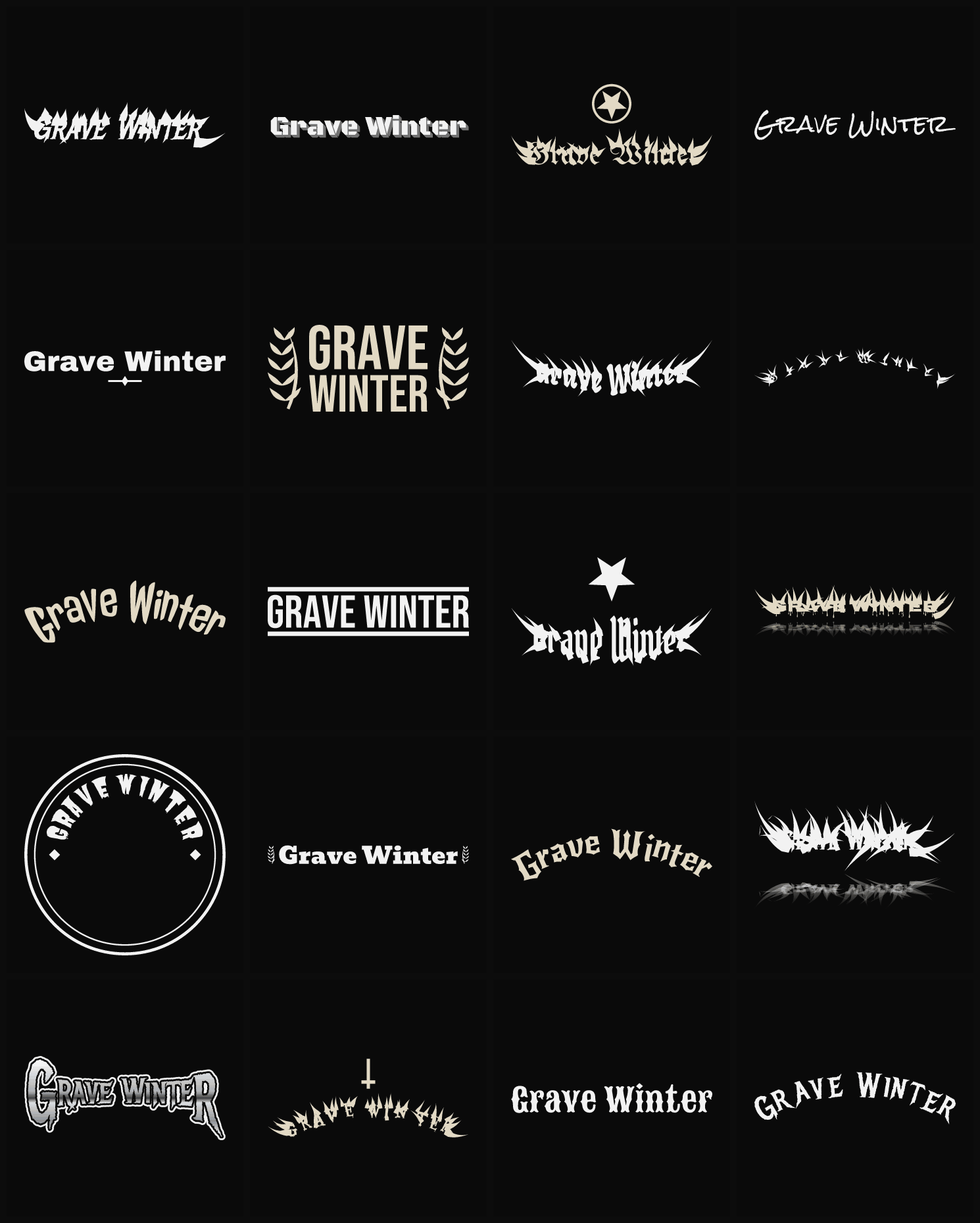 Twenty Grave Winter band logo ideas — different faces, treatments and spike settings