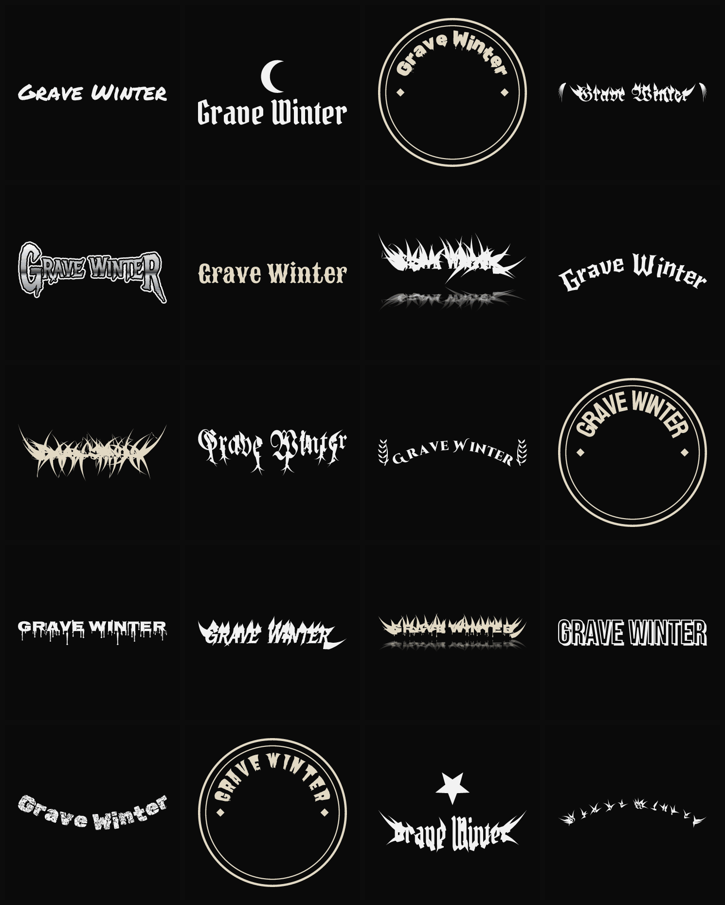 Twenty Grave Winter band logo ideas — different faces, treatments and spike settings