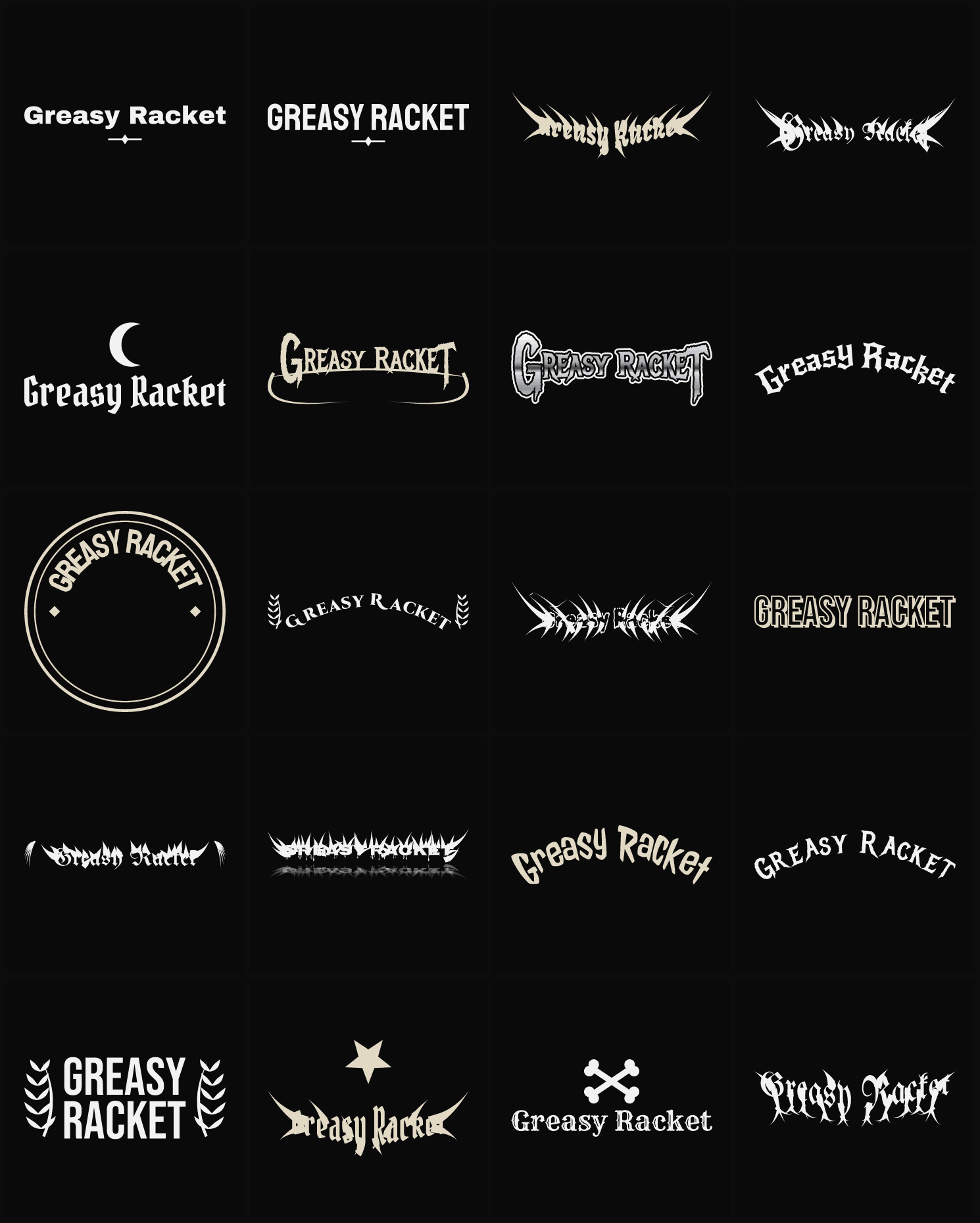 Twenty Greasy Racket band logo ideas — different faces, treatments and spike settings