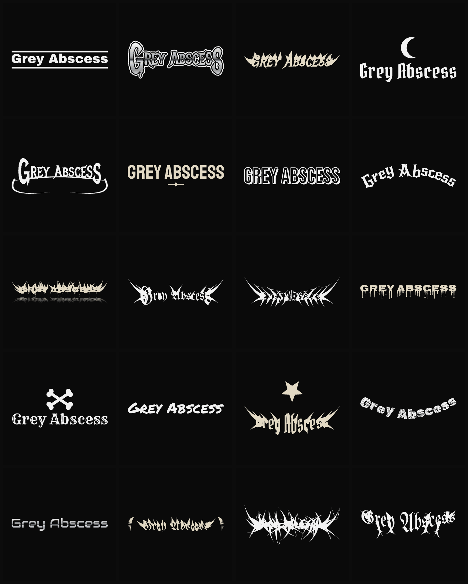 Twenty Grey Abscess band logo ideas — different faces, treatments and spike settings