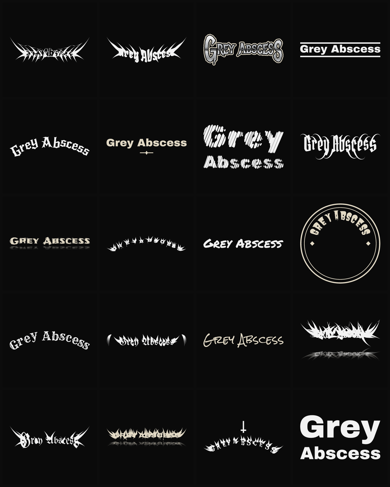 Twenty Grey Abscess band logo ideas — different faces, treatments and spike settings