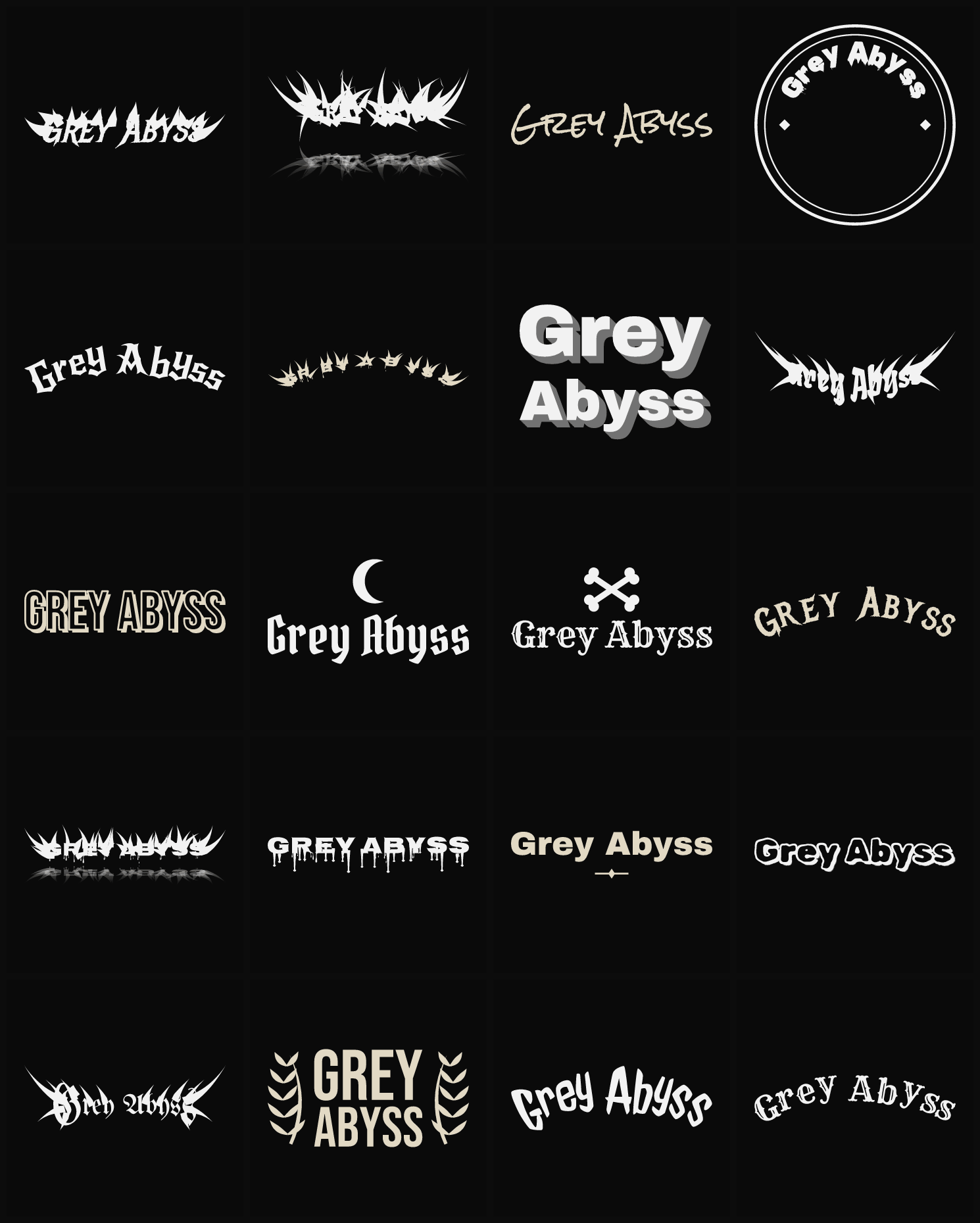 Twenty Grey Abyss band logo ideas — different faces, treatments and spike settings