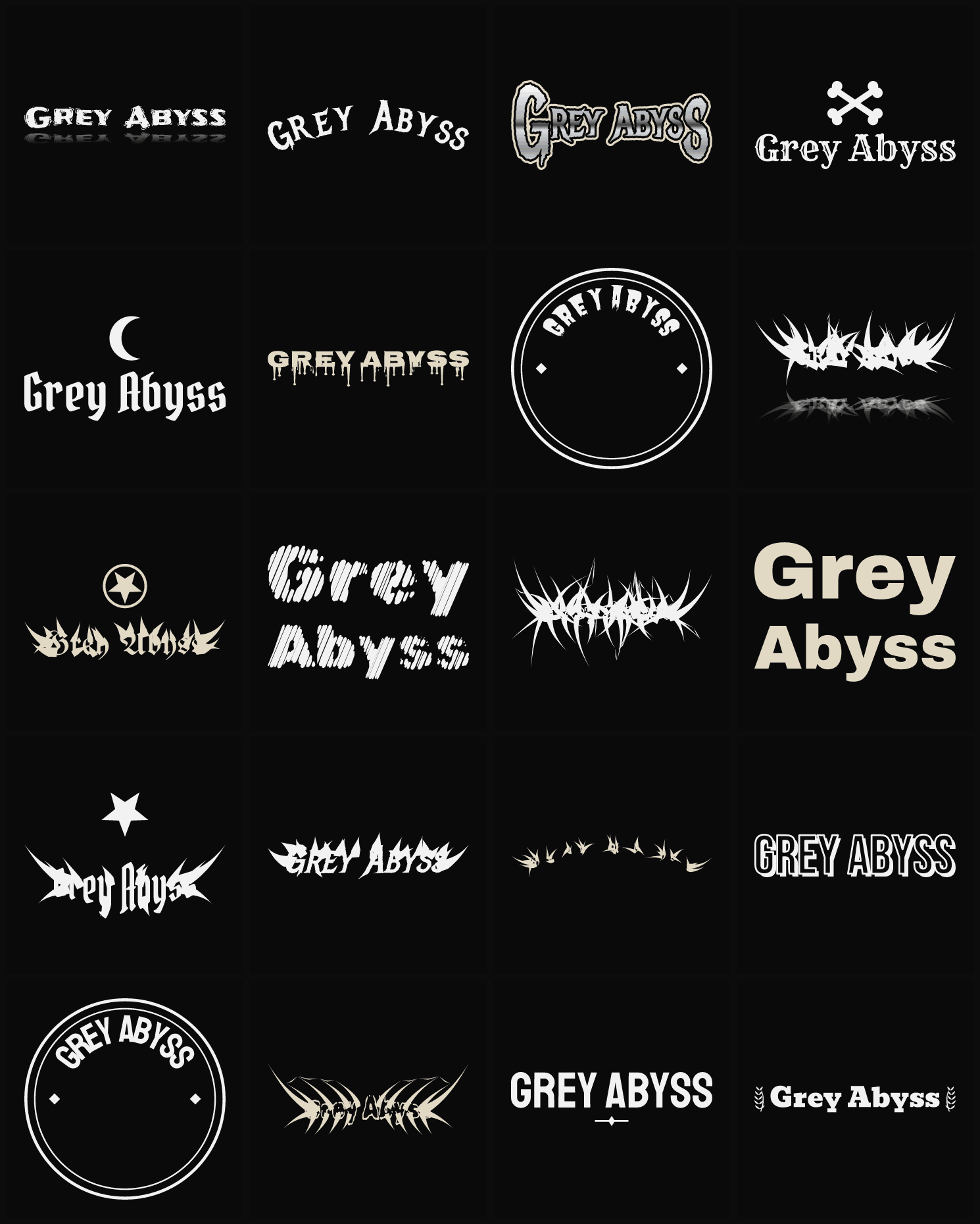 Twenty Grey Abyss band logo ideas — different faces, treatments and spike settings
