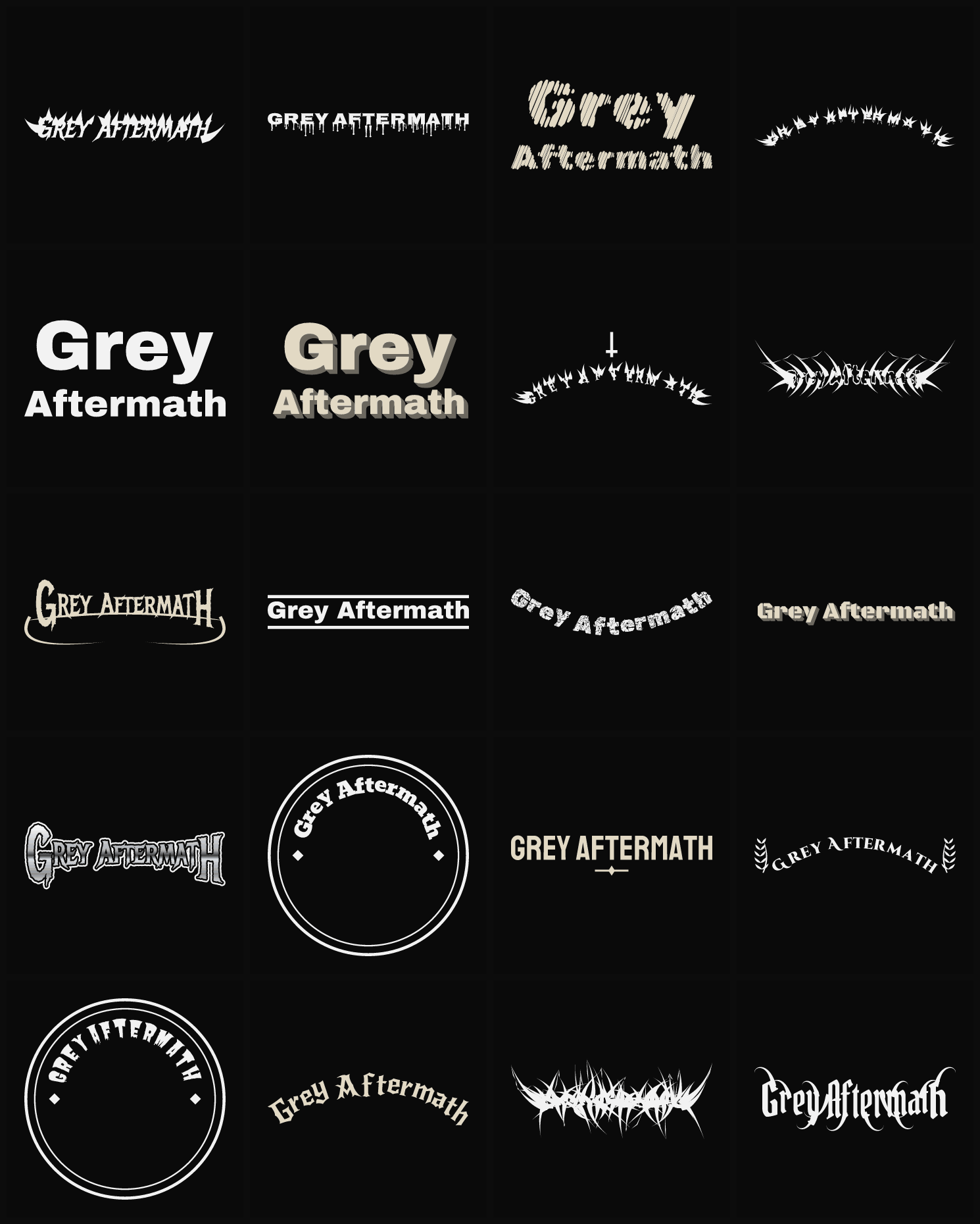 Twenty Grey Aftermath band logo ideas — different faces, treatments and spike settings