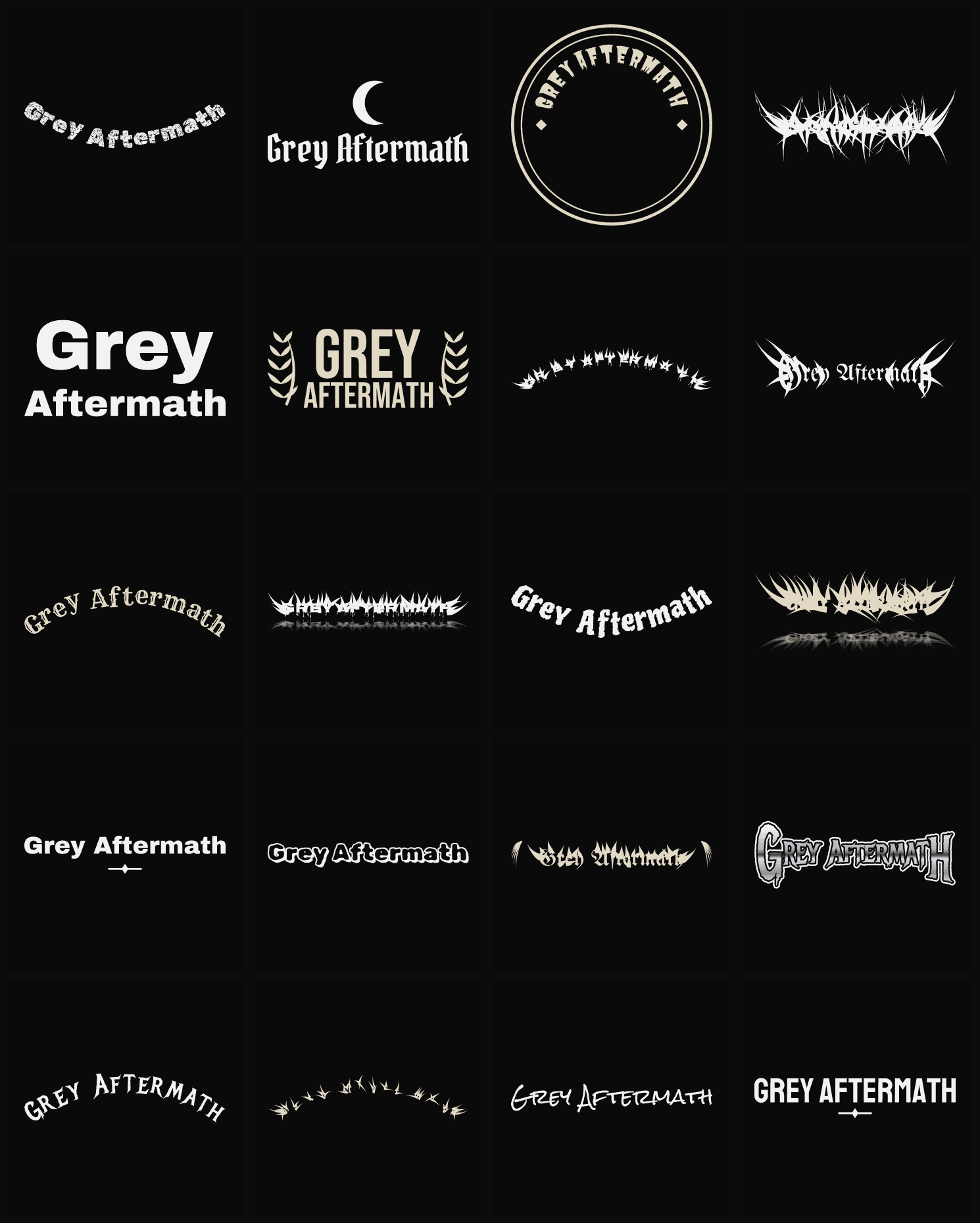 Twenty Grey Aftermath band logo ideas — different faces, treatments and spike settings