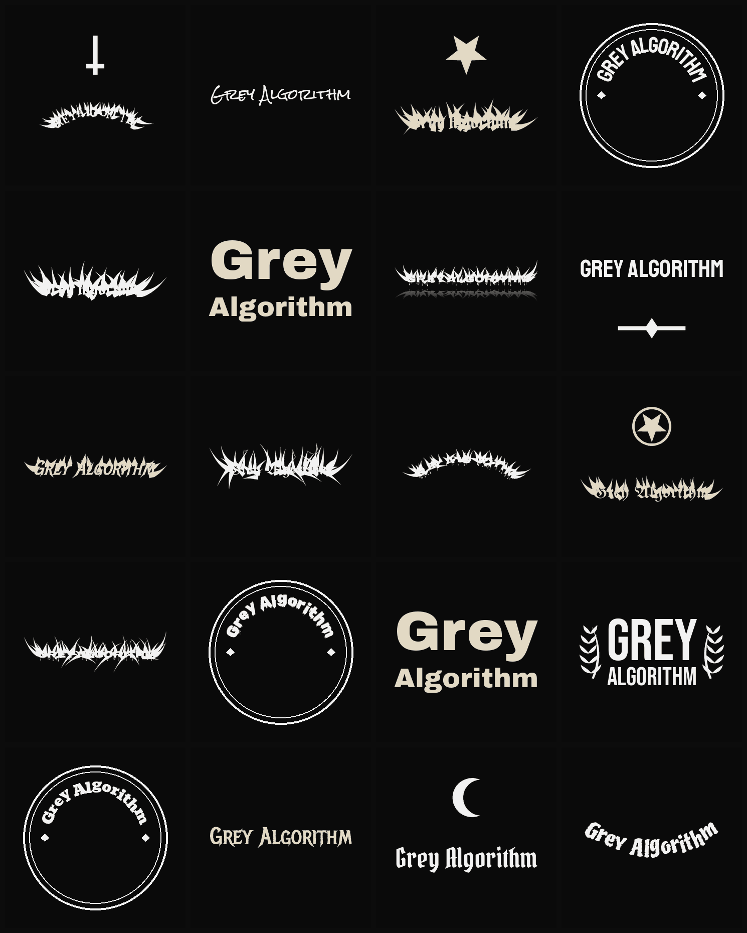 Twenty Grey Algorithm band logo ideas — different faces, treatments and spike settings